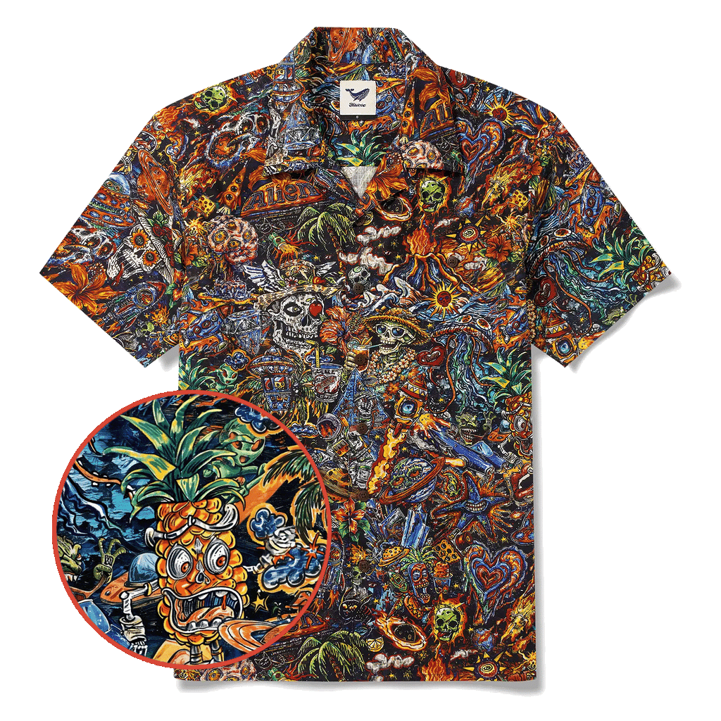 Men's Hawaiian Shirt Short Sleeve Camp Collar 100% Cotton Red Aloha Intergalactic Luau Graffiti