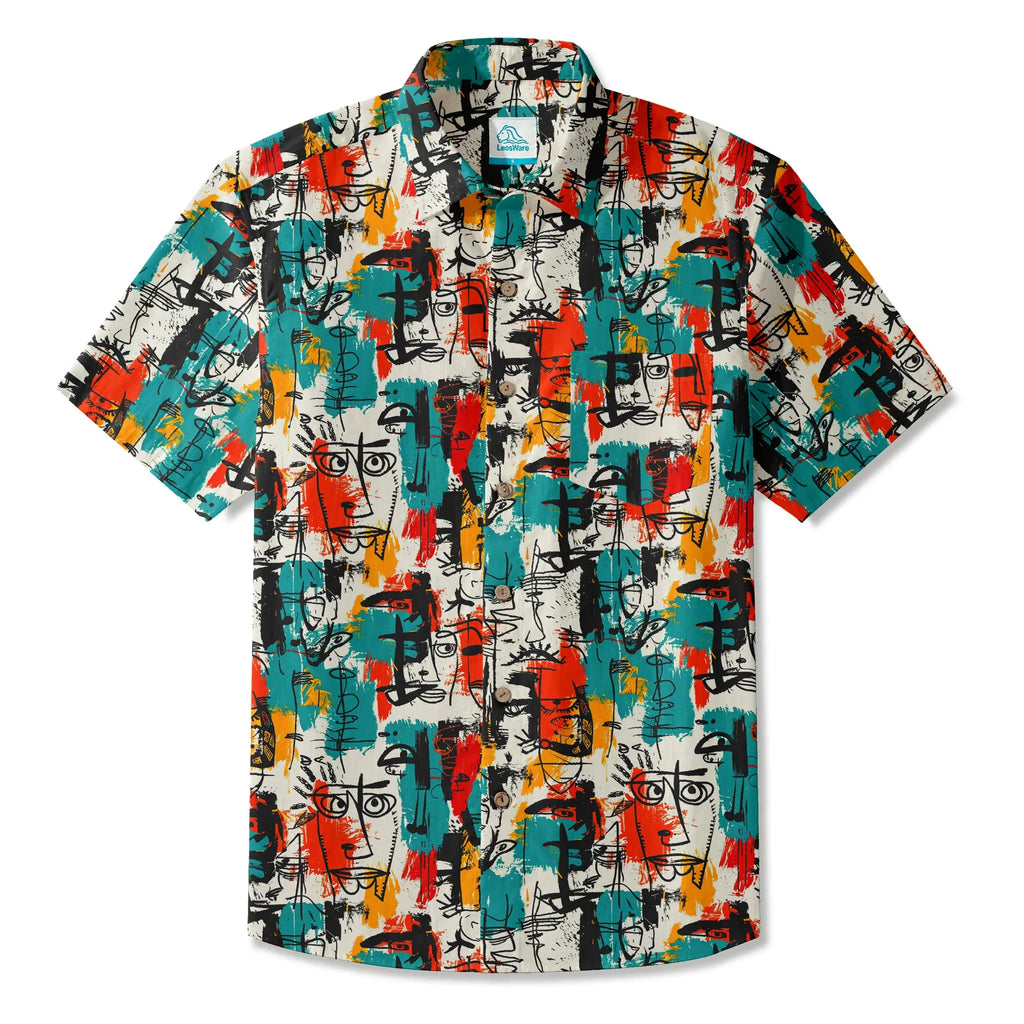 LeosWare® Men's Hawaiian Shirt Short Sleeve Button-up 100% Cotton Aloha Face Doodle