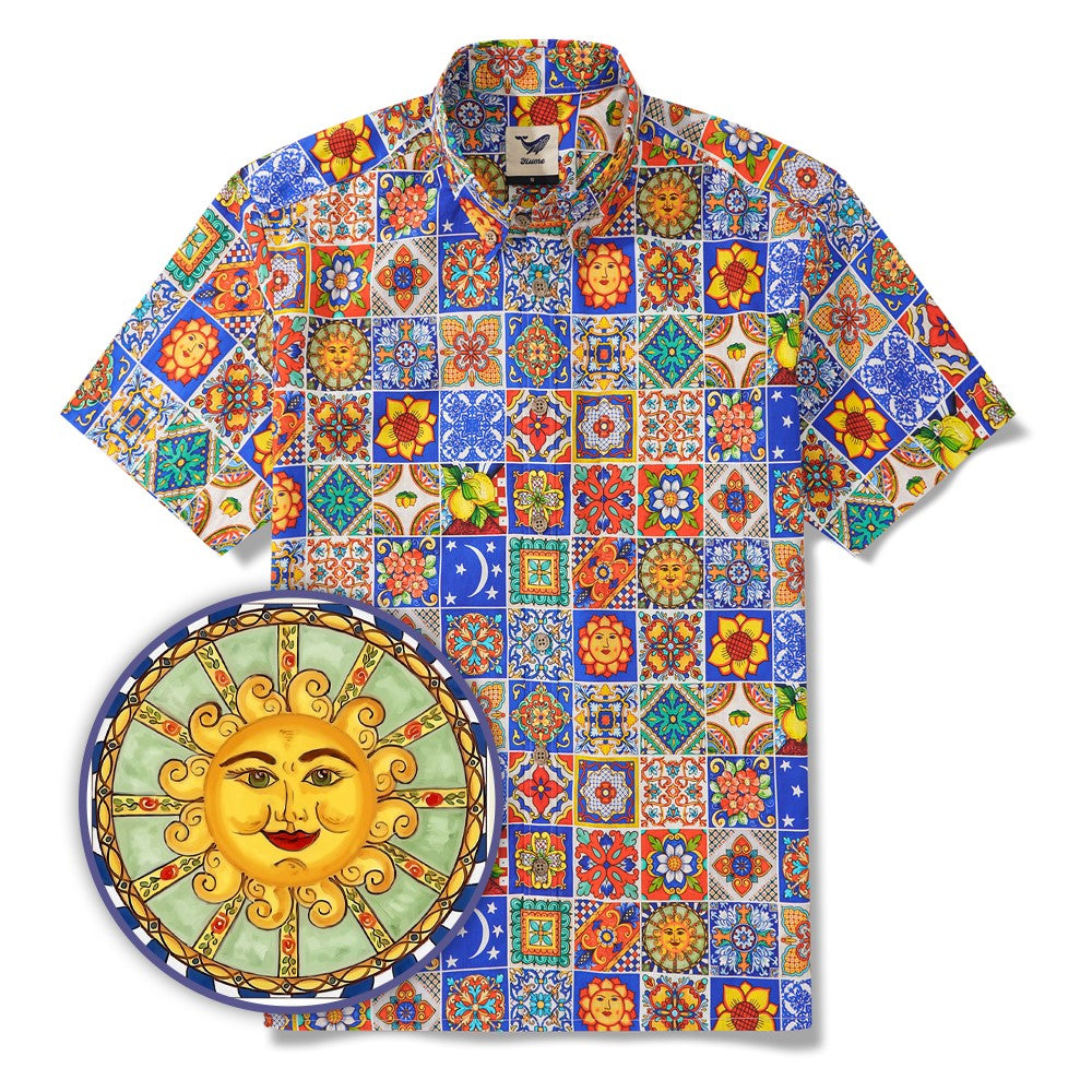 Men's Hawaiian Shirt Short Sleeve Button-down 100% Cotton Aloha Mediterranean Tile Haven