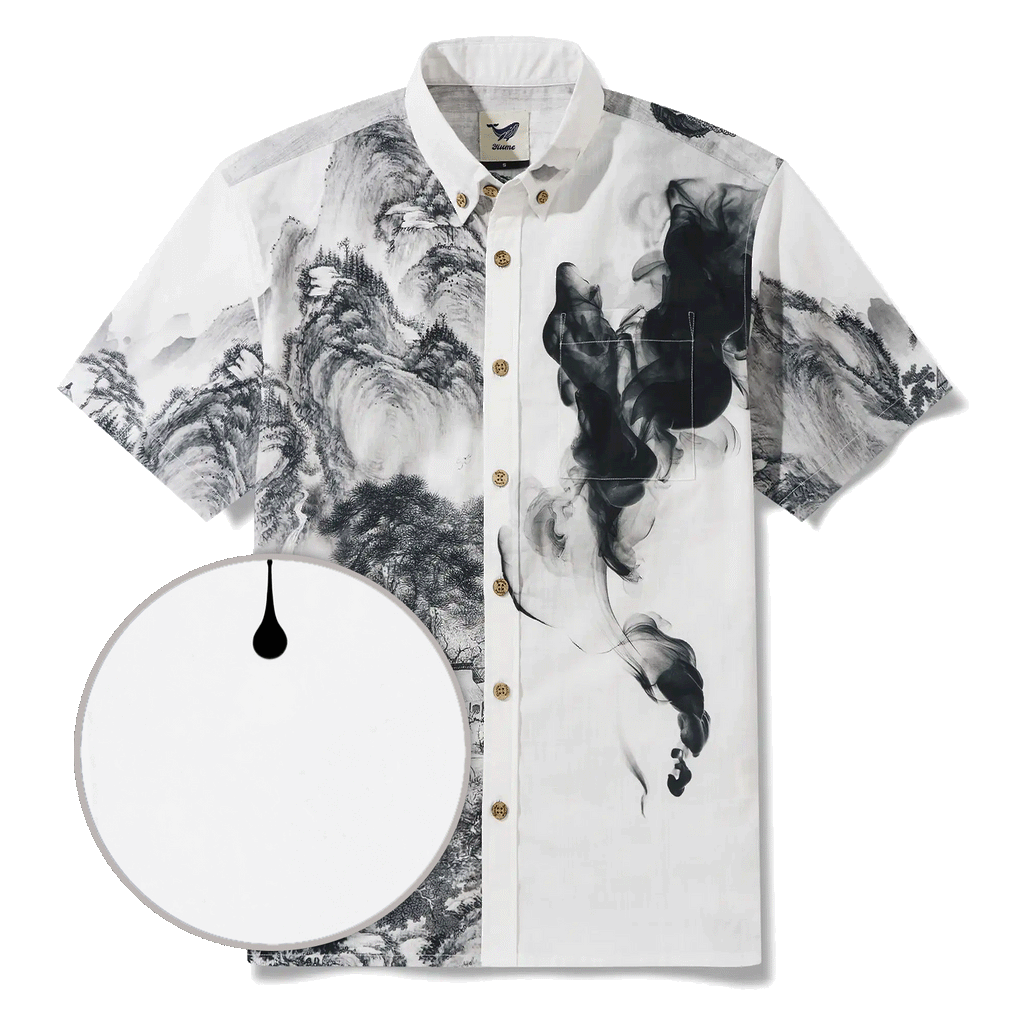 Men's Hawaiian Shirt Short Sleeve Button-down 100% Cotton Black Aloha Oriental Inkscape