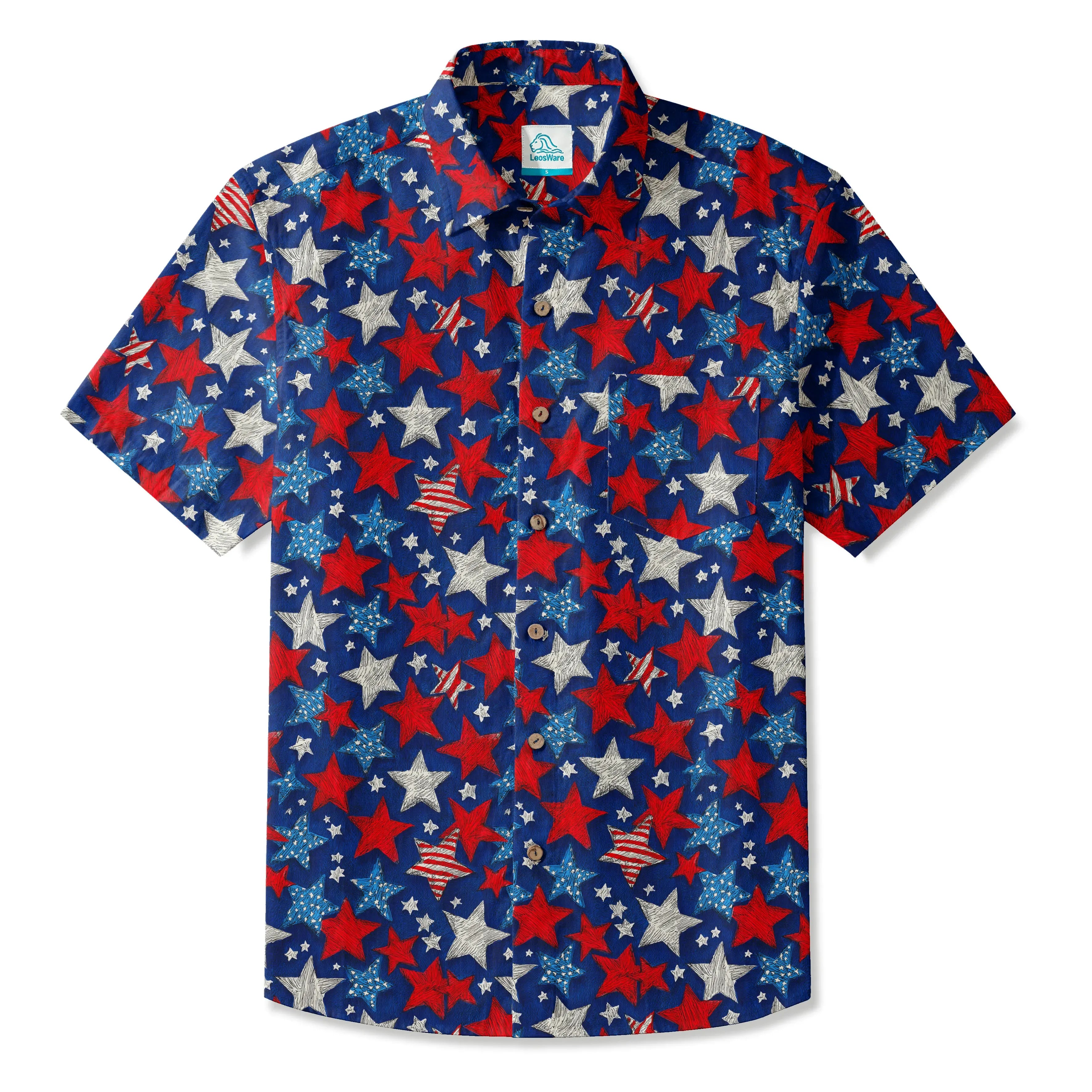 LeosWare® Men's Hawaiian Shirt Short Sleeve Button-up 100% Cotton Blue Aloha Stellar Summer Comics