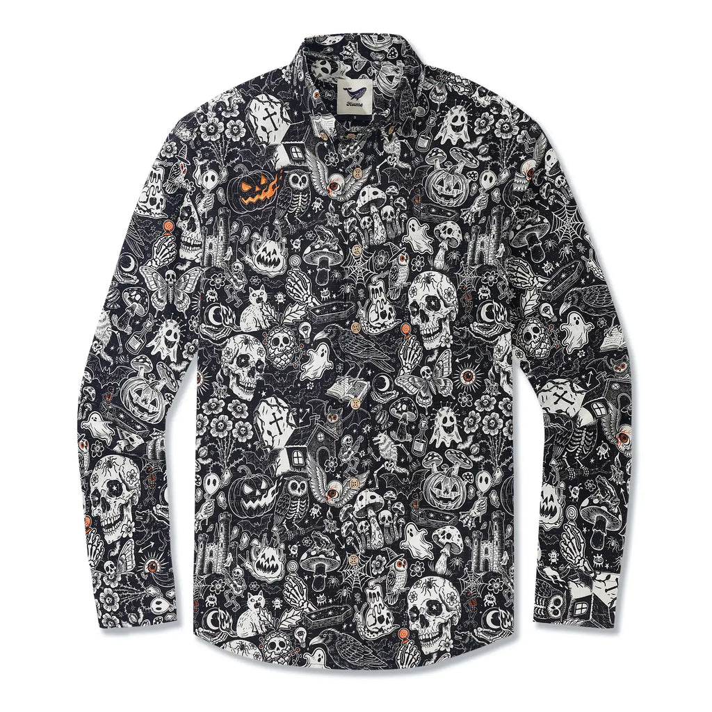 Halloween Gift Men's Hawaiian Shirt Long Sleeve Button-down 100% Cotton Black Aloha Halloween Bash