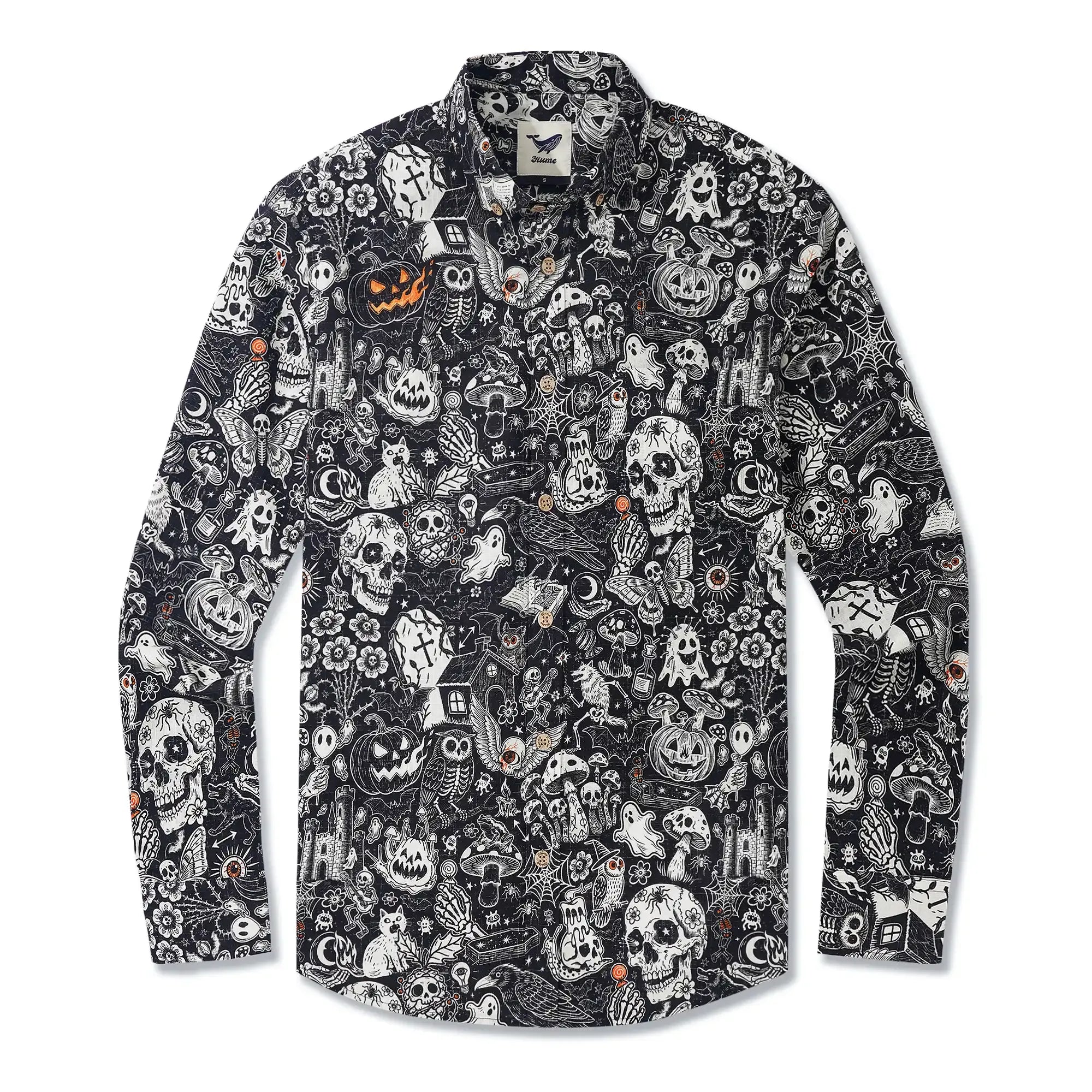 Halloween Gift Men's Hawaiian Shirt Long Sleeve Button-down 100% Cotton Black Aloha Halloween Bash