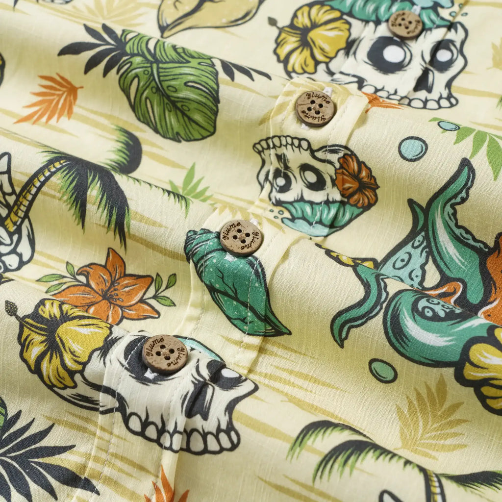 Men's Tropical Hawaiian Shirt 1990s Vintage Skull Shirt Short Sleeve Button-down100% Cotton Green Shirt Aloha Tropical Wilderness Skull By Loinda Flow