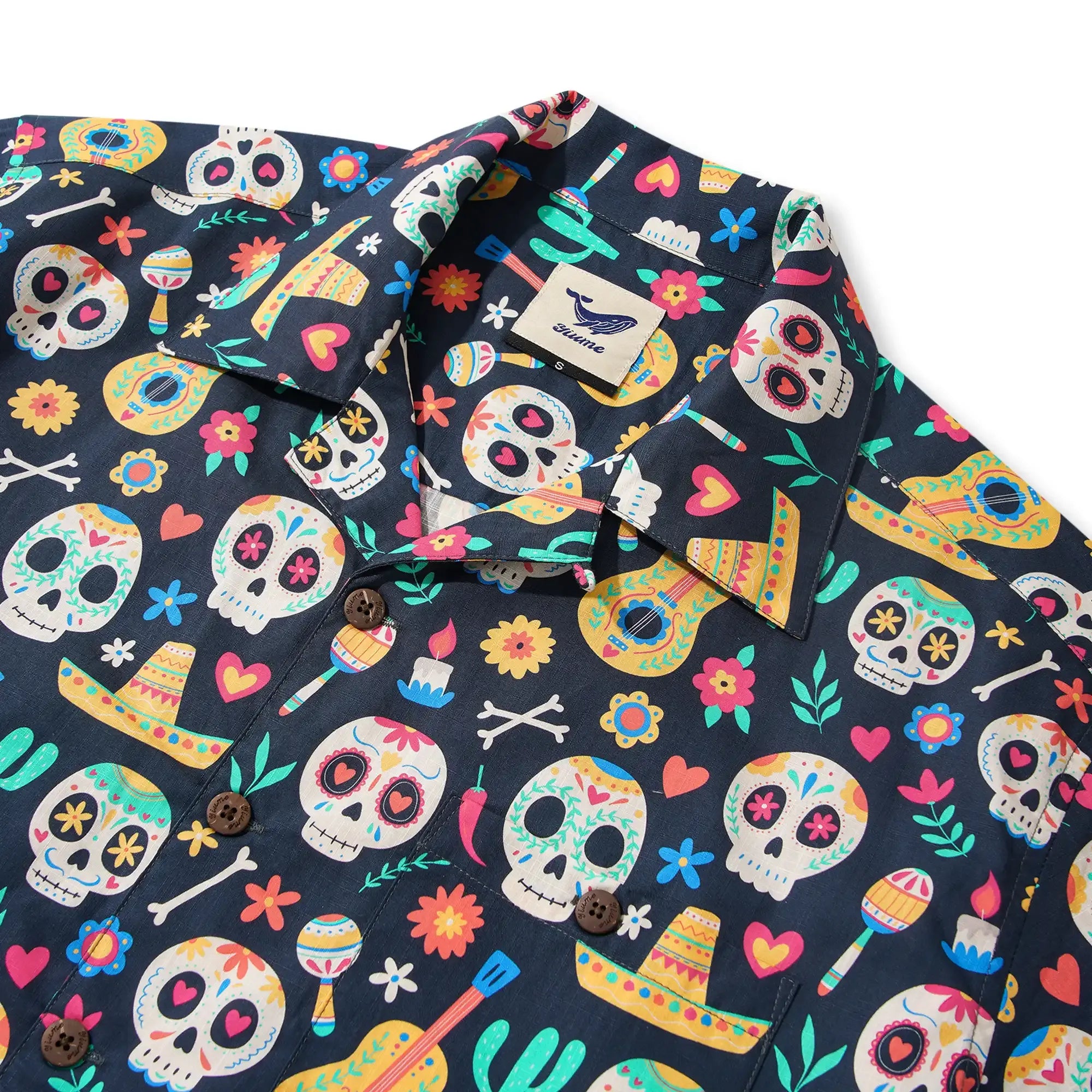 Men's Hawaiian Shirt Short Sleeve Camp Collar 100% Cotton Black Aloha Fiesta Sugar Skulls By Irina Ostapenko Mexican Style