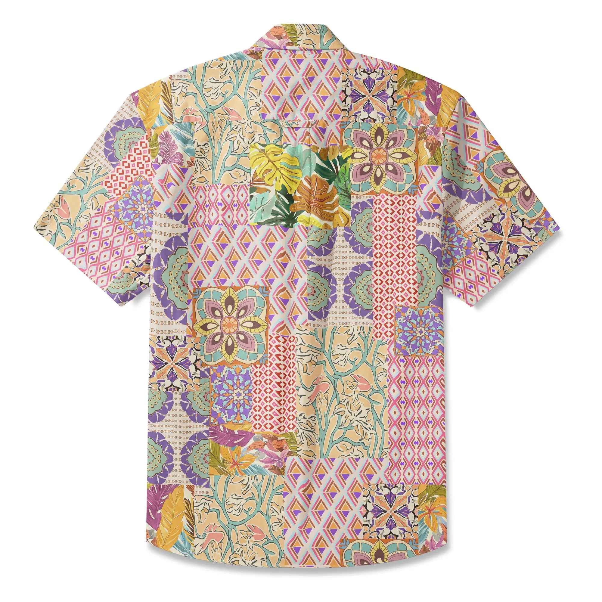 LeosWare® Men's Hawaiian Shirt Short Sleeve Button-up 100% Cotton Yellow Aloha Bohemian Patchwork Paradise