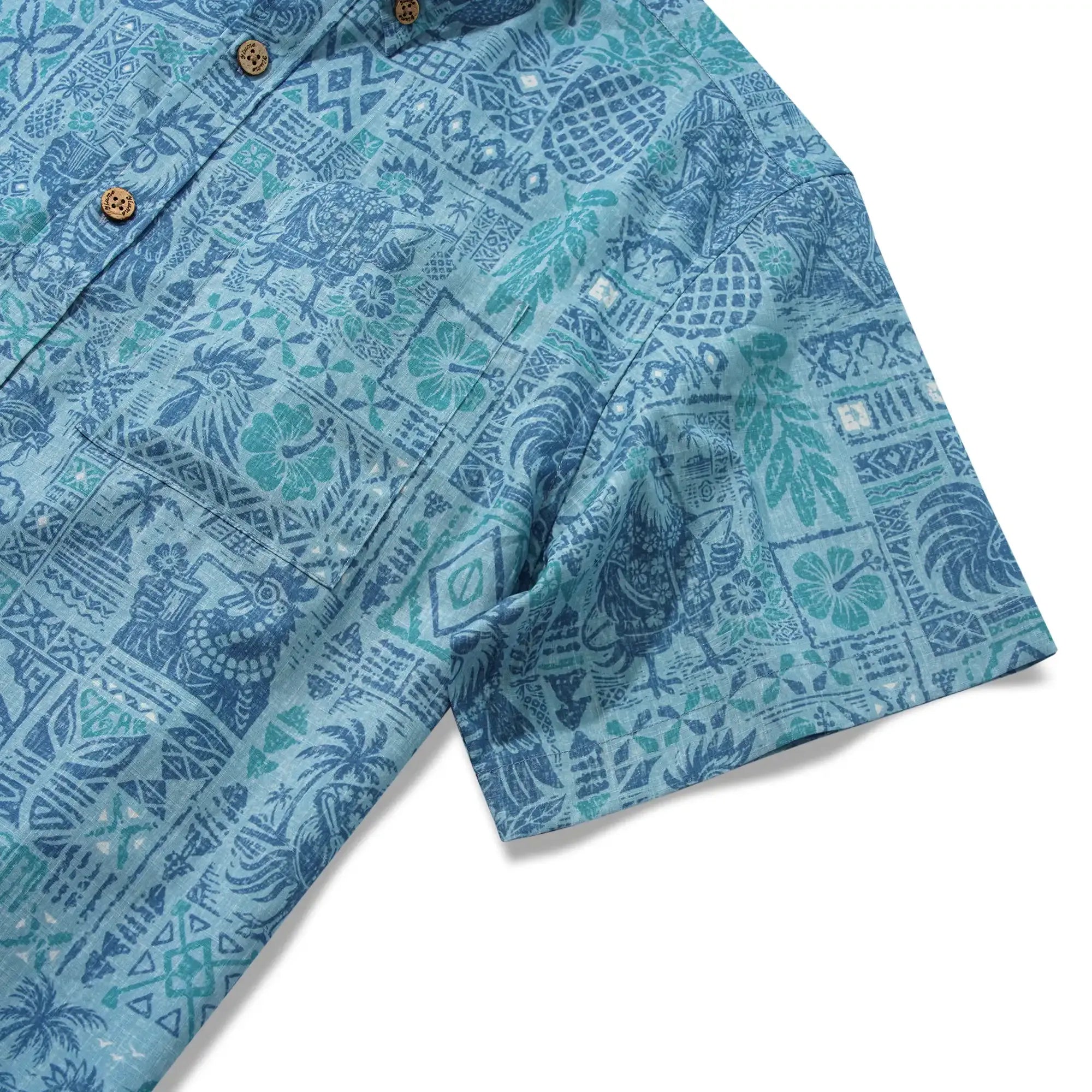 Men's Hawaiian Shirt Short Sleeve Button-down 100% Cotton Blue Rooster Aloha The Bone Voyage