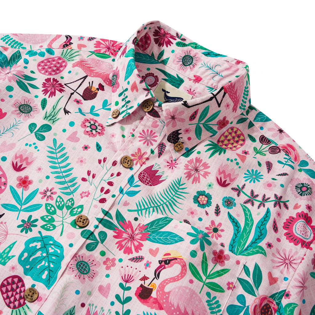 Men's Hawaiian Shirt Short Sleeve Button-down 100% Cotton Aloha Flamingo Petal Escape Flamingo