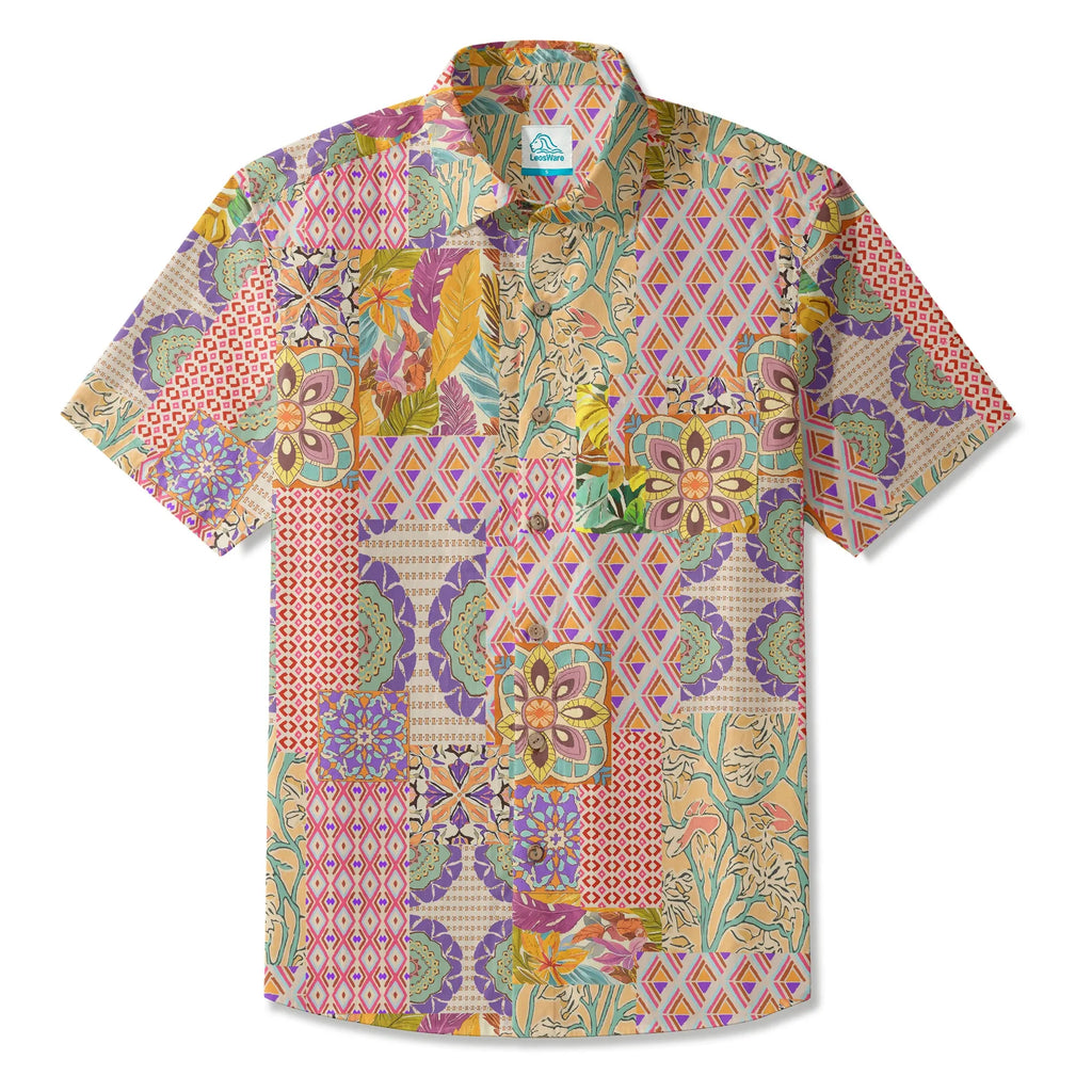 LeosWare® Men's Hawaiian Shirt Short Sleeve Button-up 100% Cotton Yellow Aloha Bohemian Patchwork Paradise