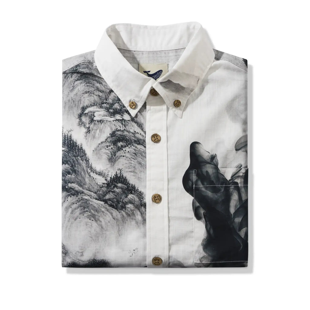 Men's Hawaiian Shirt Short Sleeve Button-down 100% Cotton Black Aloha Oriental Inkscape