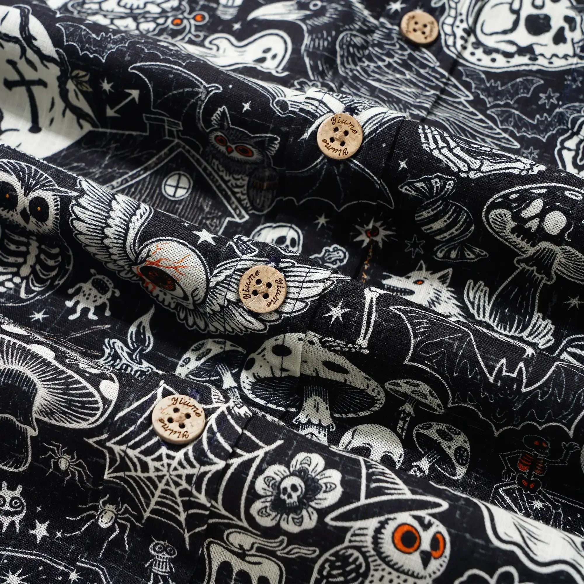 Halloween Gift Men's Hawaiian Shirt Long Sleeve Button-down 100% Cotton Black Aloha Halloween Bash