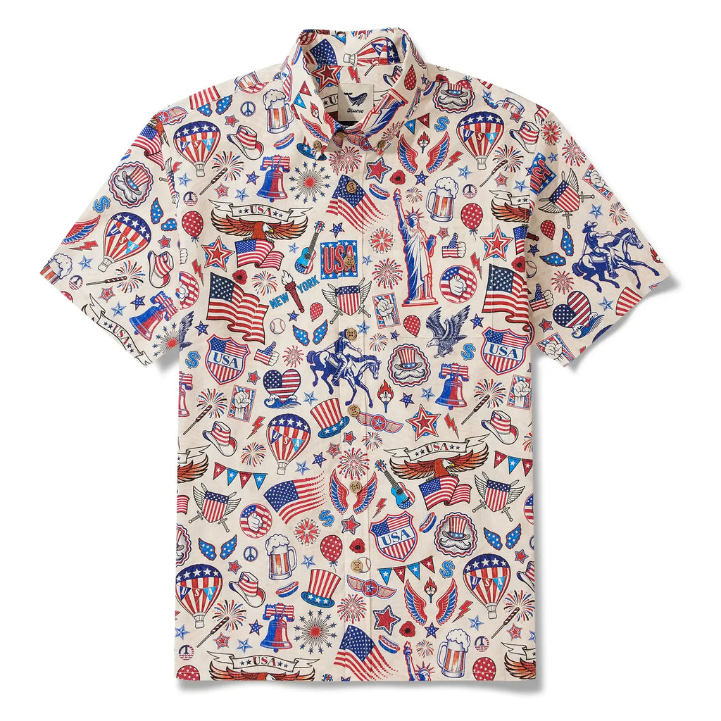 Men's Hawaiian Shirt Short Sleeve Button-down 100% Cotton Blue Red Aloha Liberty’s Patriot Canvas