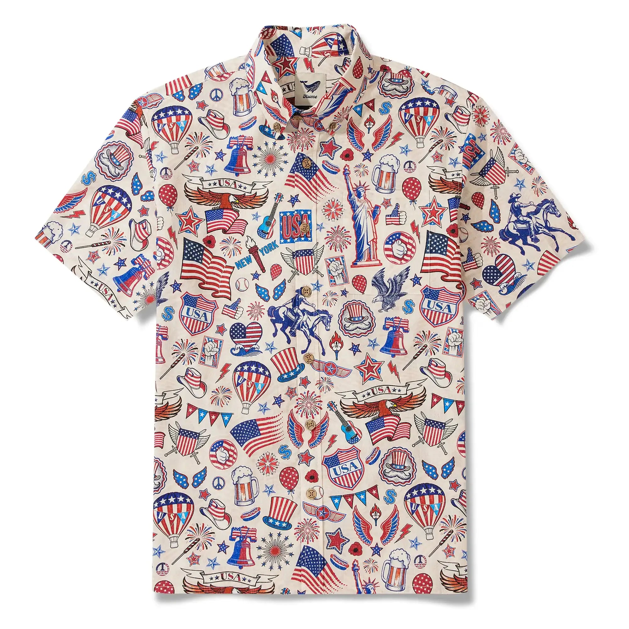 Men's Hawaiian Shirt Short Sleeve Button-down 100% Cotton Blue Red Aloha Liberty’s Patriot Canvas