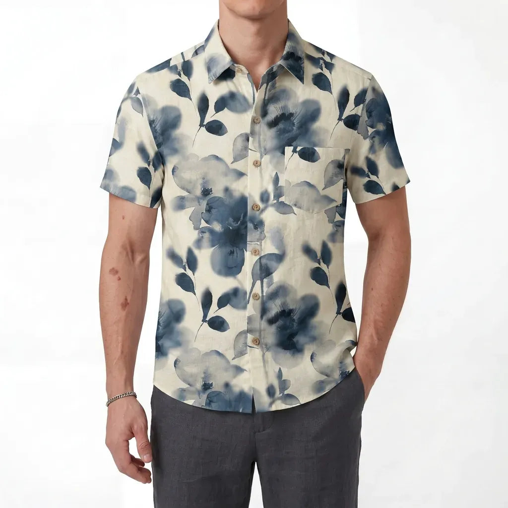 LeosWare® Men's Hawaiian Shirt Short Sleeve Button-up 100% Cotton Blue Aloha Blue And White Ink Charm