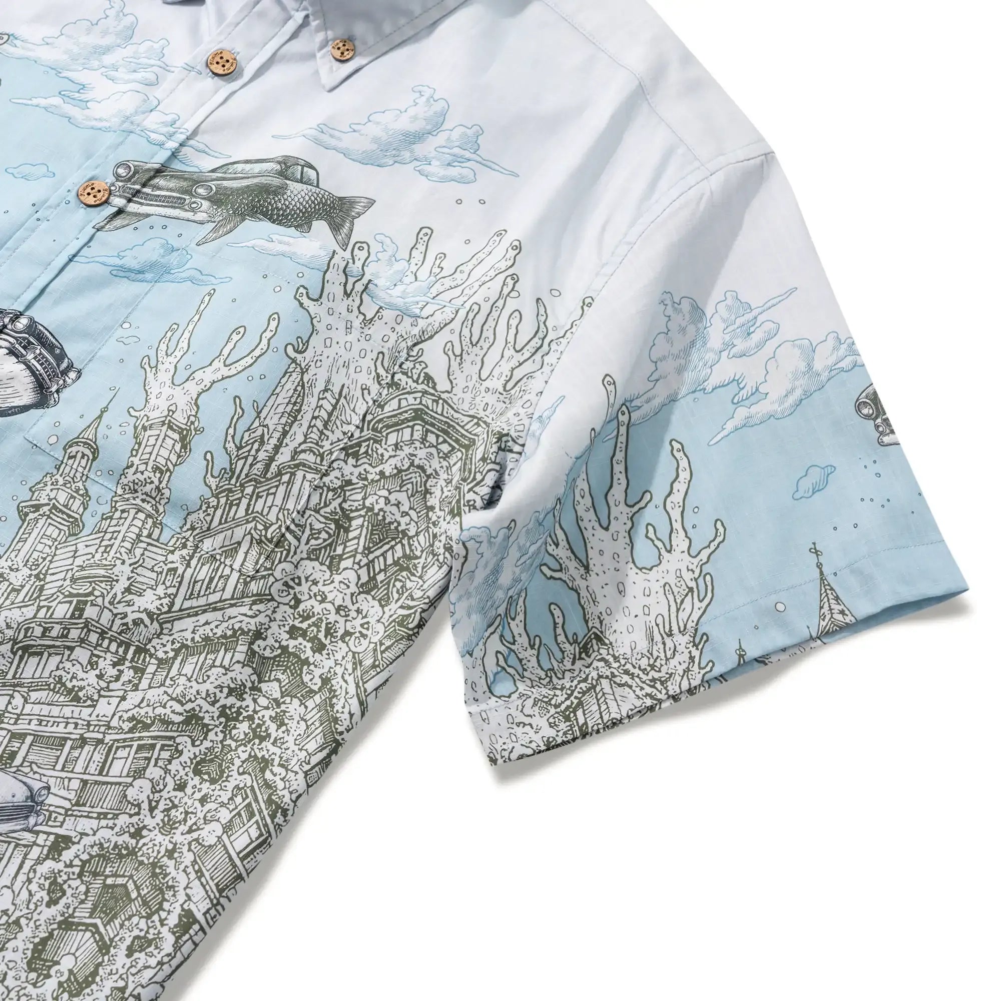 Men's Hawaiian Shirt Short Sleeve Button-down 100% Cotton Blue Aloha Atlantis Coral Cruisers