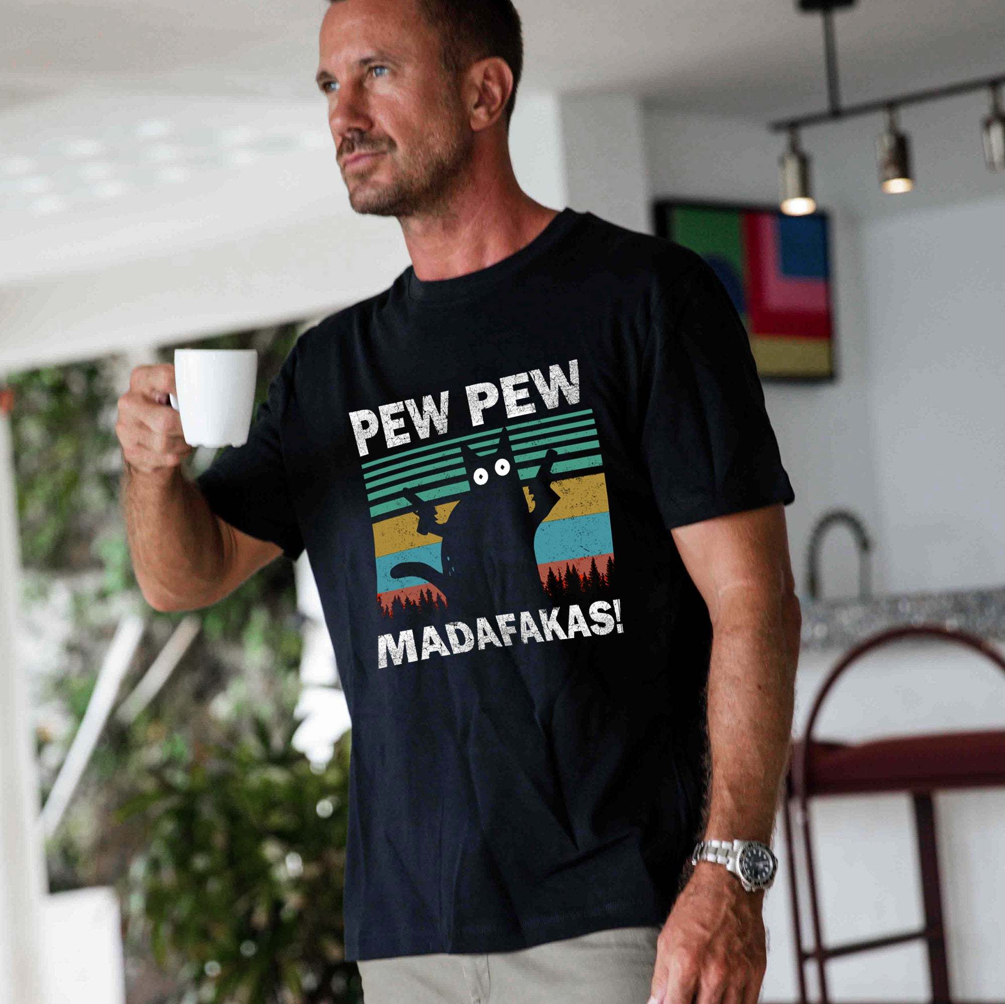 Hawaiian Tee For Men Pew Pew Madafakas Cat Tee Crew Neck 100% Cotton