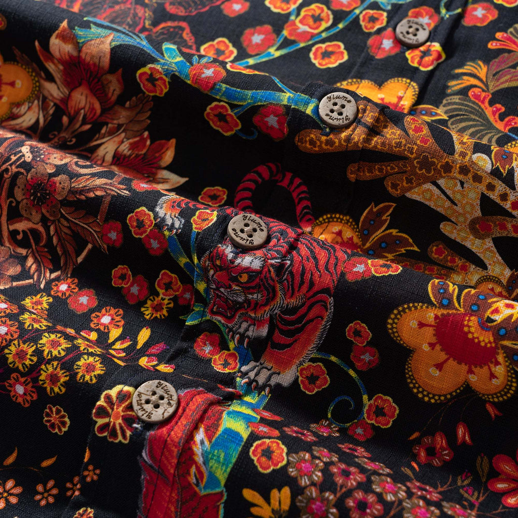 Men's Hawaiian Shirt Long Sleeve Button-down Shirt 100% Cotton Red  Aloha Blazing Tiger