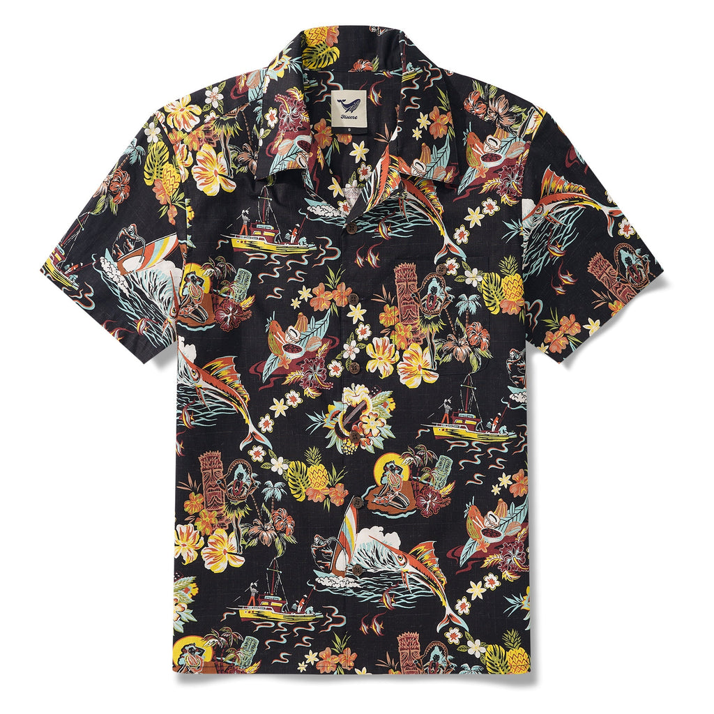 Tiki Men's Vintage Hawaiian Shirt Black Tiki Shirt Short Sleeve Camp Collar 100% Cotton Aloha Shirt Vintage Aloha