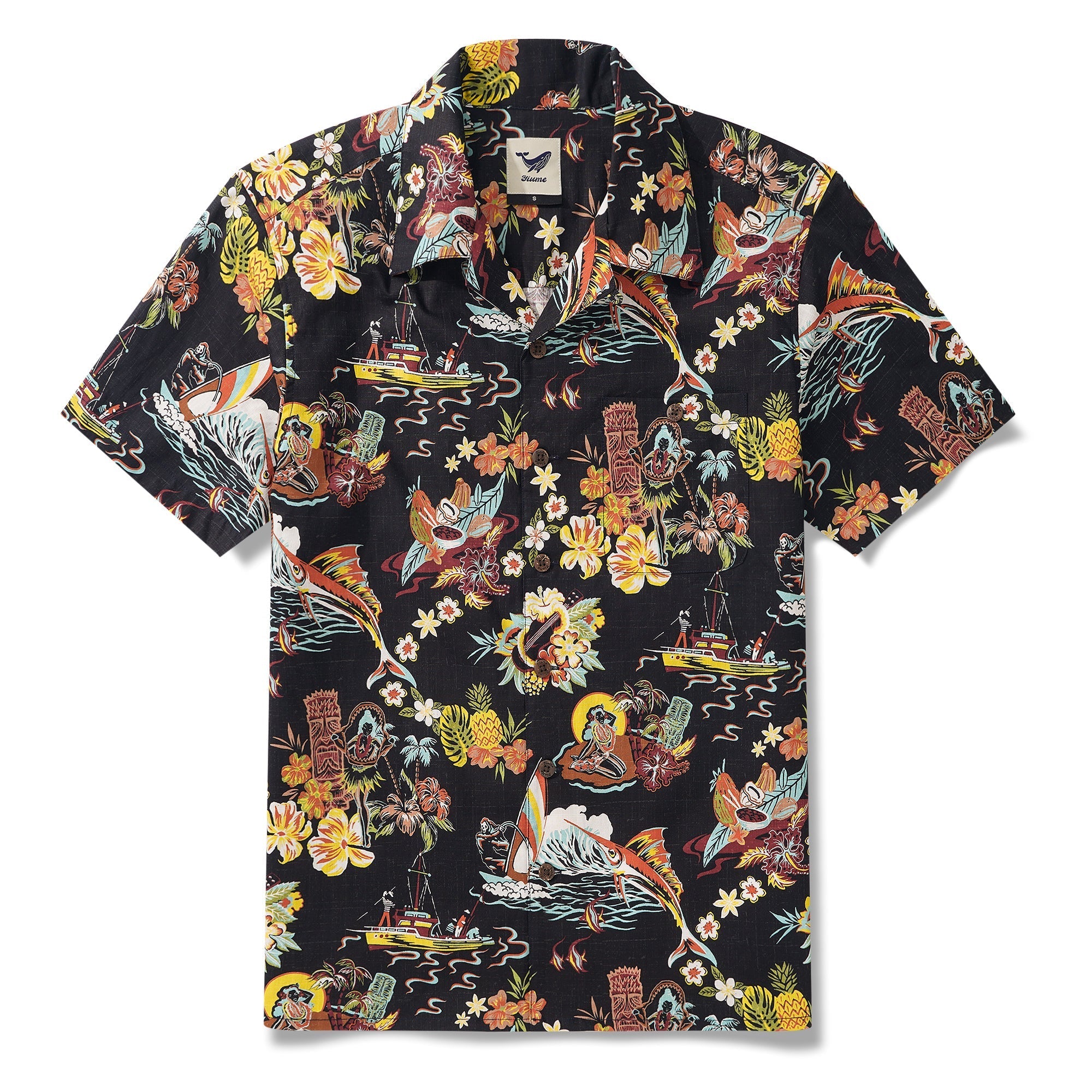 Tiki Men's Vintage Hawaiian Shirt Black Tiki Shirt Short Sleeve Camp Collar 100% Cotton Aloha Shirt Vintage Aloha