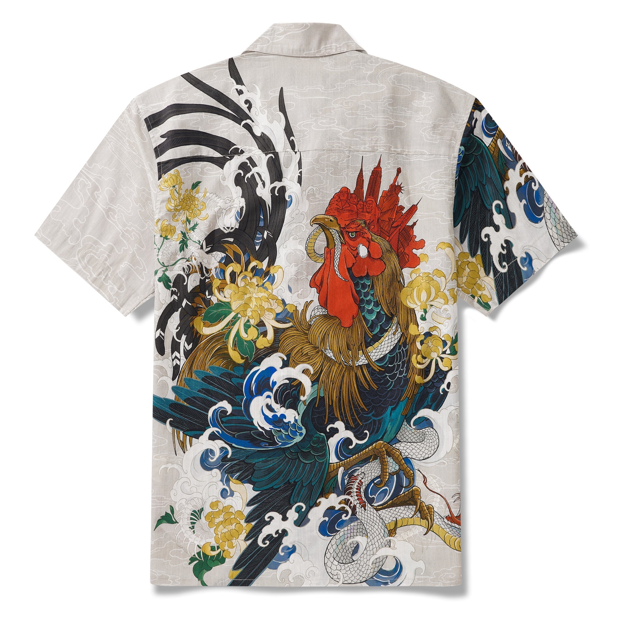 Men's Hawaiian Shirt 100% Cotton Short Sleeve Camp Collar Shirt Rooster and Japanese ukiyo-e Shirt