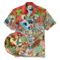 Men's Hawaiian Shirt Short Sleeve Camp Collar 100% Cotton Green Aloha Alien Galactic Garden