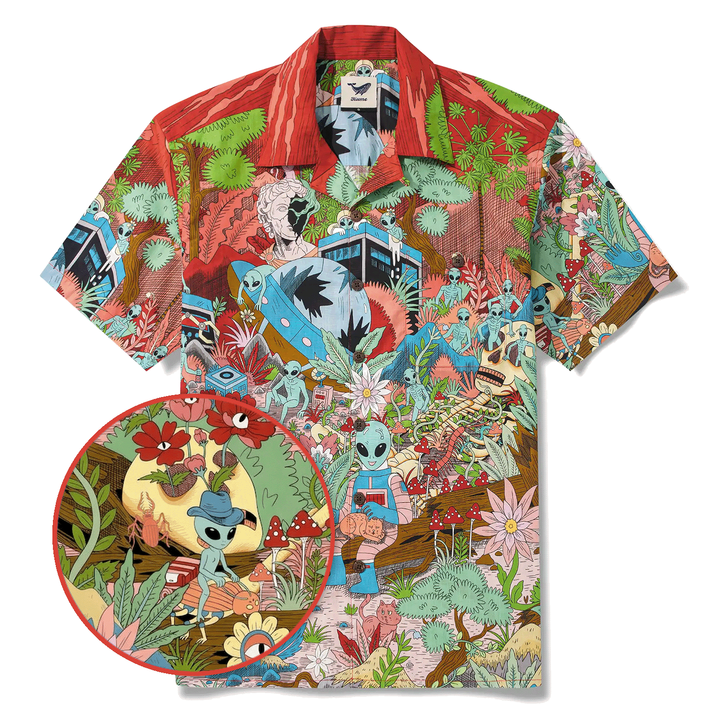 Men's Hawaiian Shirt Short Sleeve Camp Collar 100% Cotton Green Aloha Alien Galactic Garden
