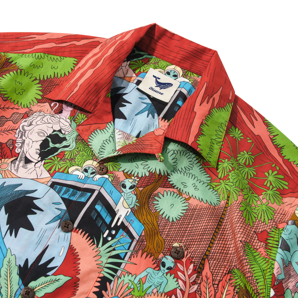 Men's Hawaiian Shirt Short Sleeve Camp Collar 100% Cotton Green Aloha Alien Galactic Garden