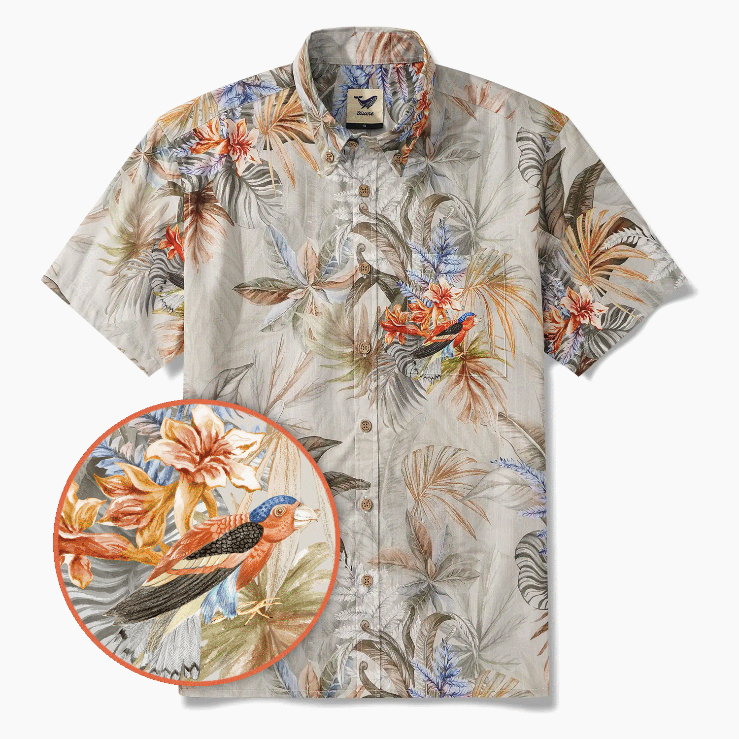 Men's Hawaiian Shirt Short Sleeve Button-down 100% Cotton Gray Aloha Tropical Paradise Scroll
