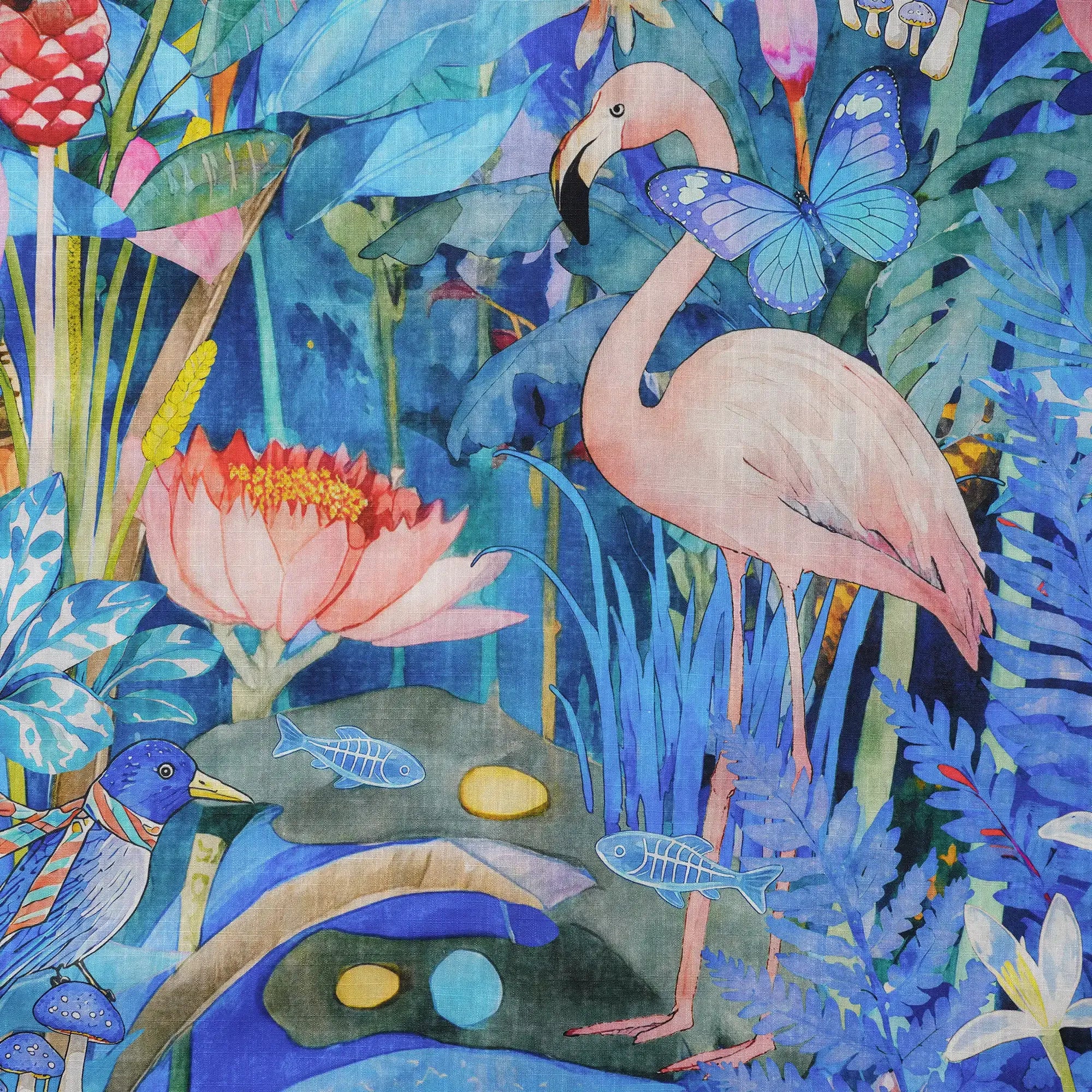 Flamingos Men's Hawaiian Shirt Short Sleeve Button-down 100% Cotton Blue Aloha Magical Jungle Adventure