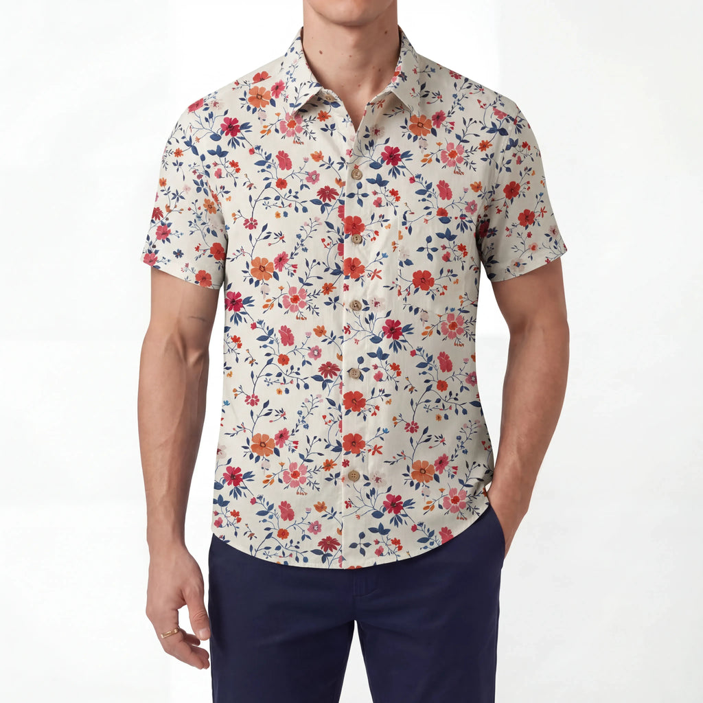 LeosWare® Men's Hawaiian Shirt Short Sleeve Button-up 100% Cotton Blue Aloha Joyful Garden