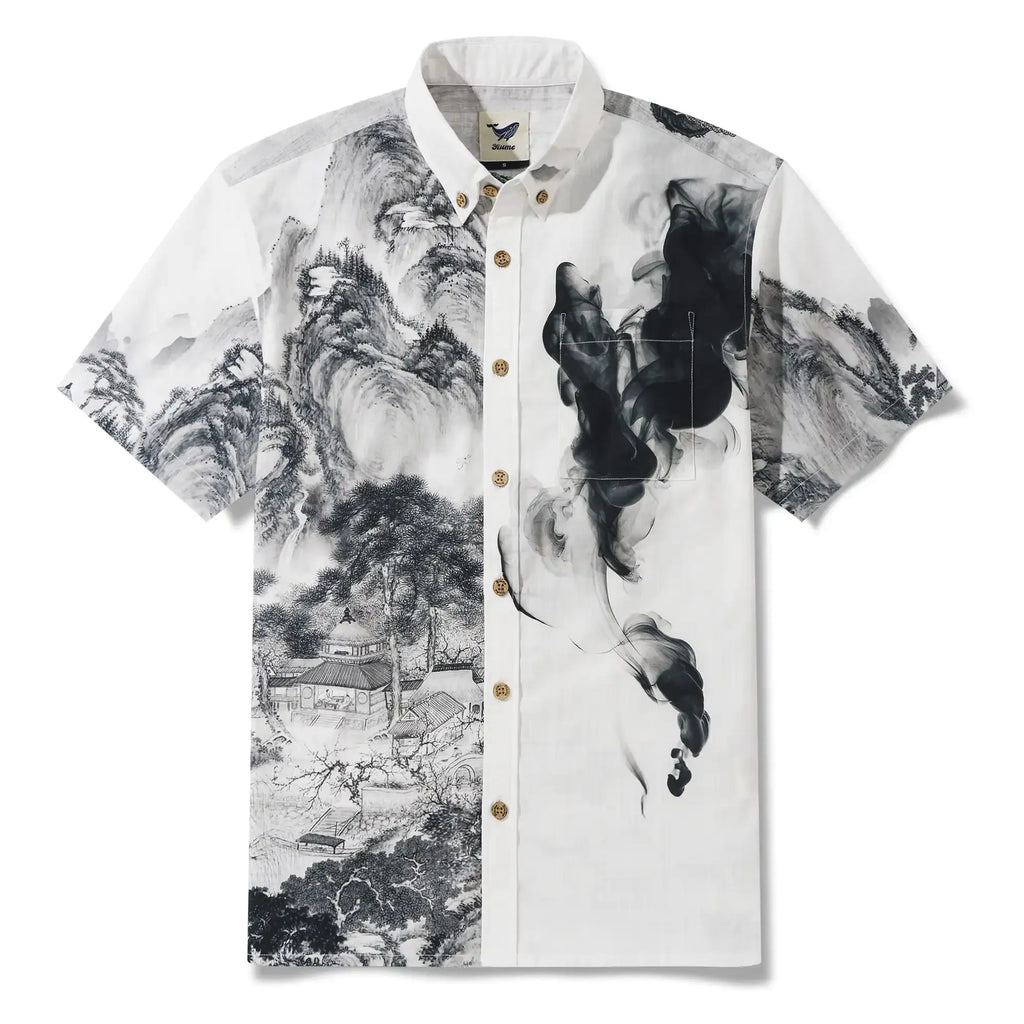 Men's Hawaiian Shirt Short Sleeve Button-down 100% Cotton Black Aloha Oriental Inkscape