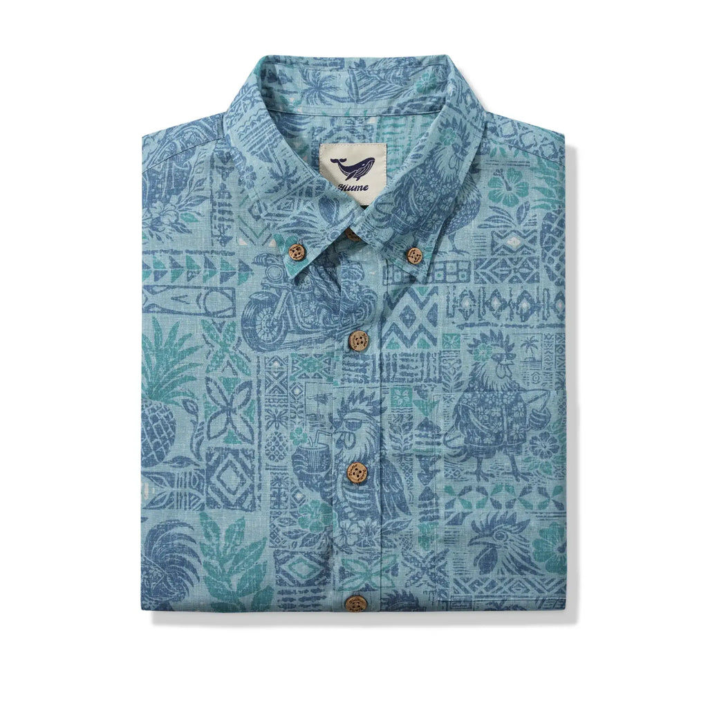 Men's Hawaiian Shirt Short Sleeve Button-down 100% Cotton Blue Rooster Aloha The Bone Voyage