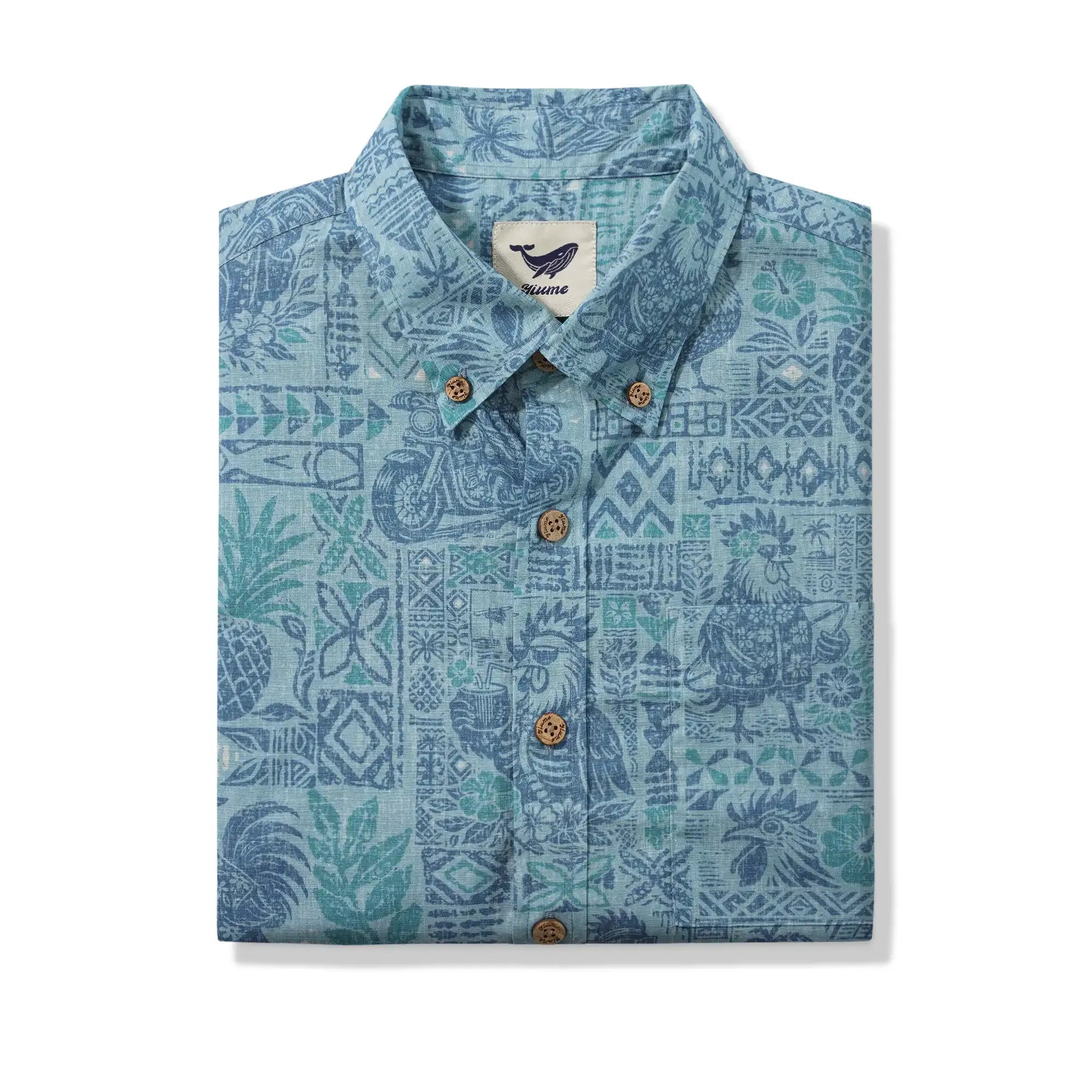 Men's Hawaiian Shirt Short Sleeve Button-down 100% Cotton Blue Rooster Aloha The Bone Voyage