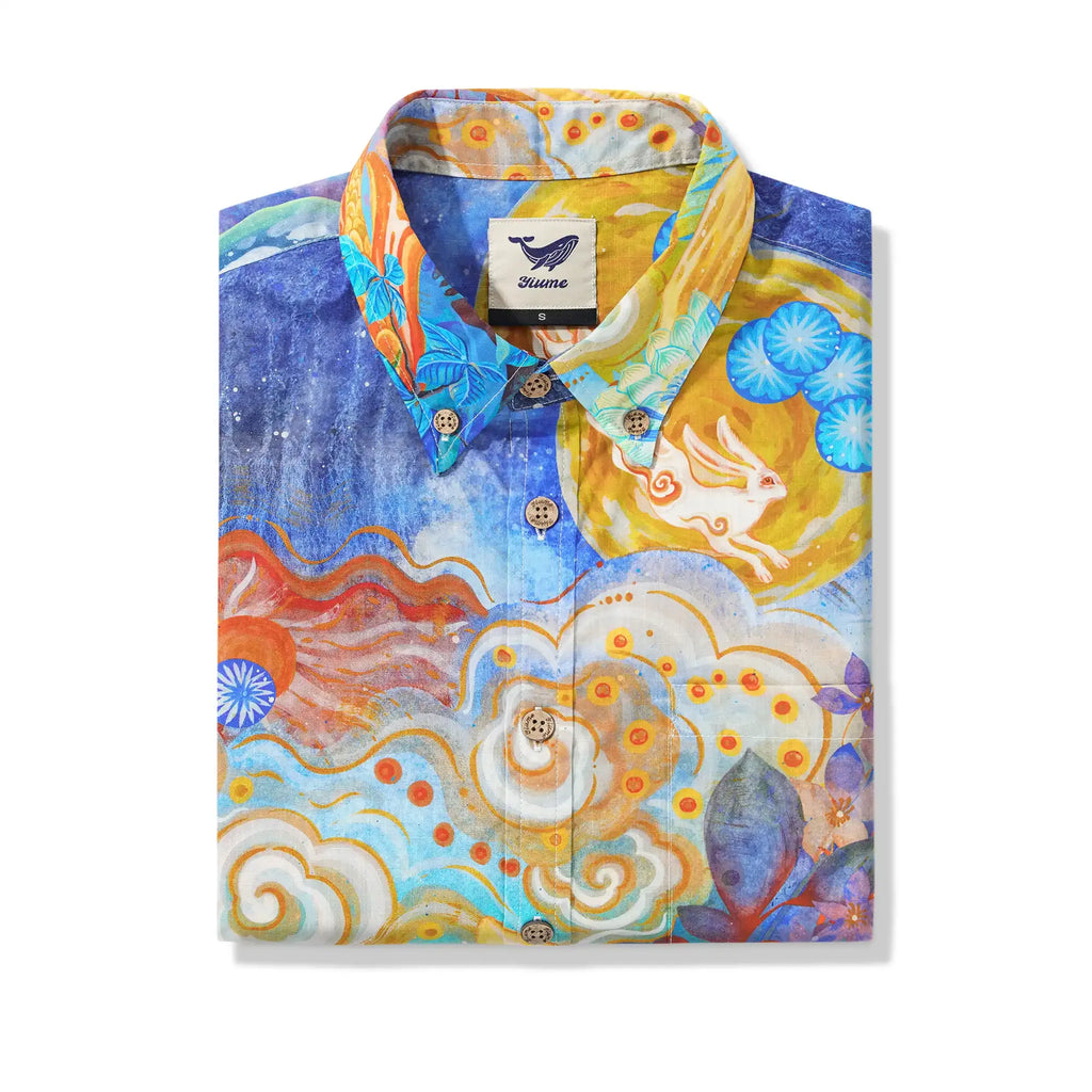 Yiume Men's Designer Hawaiian Shirt Cloud-wandering Koi Print Cotton Blue Aloha Shirt