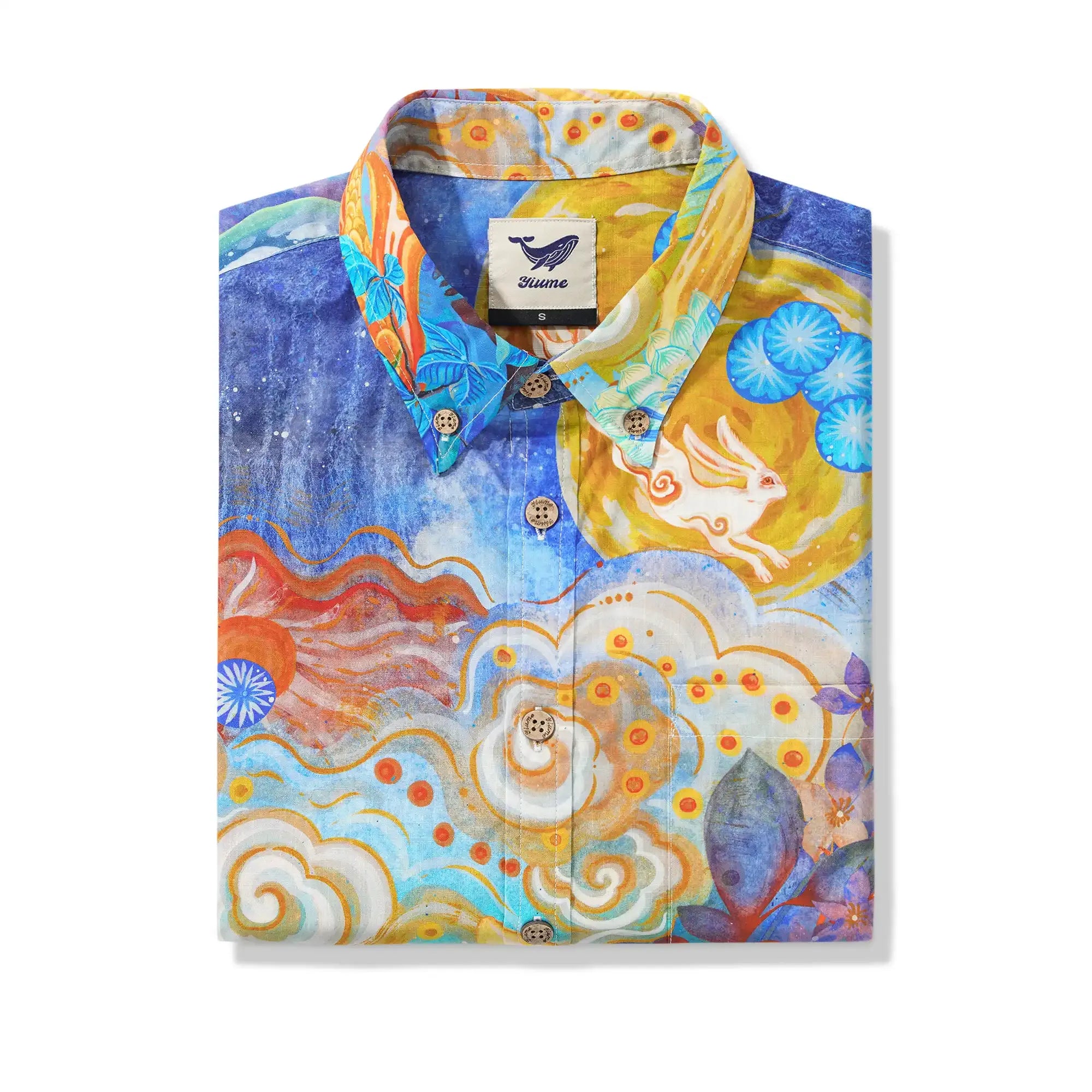 Yiume Men's Designer Hawaiian Shirt Cloud-wandering Koi Print Cotton Blue Aloha Shirt