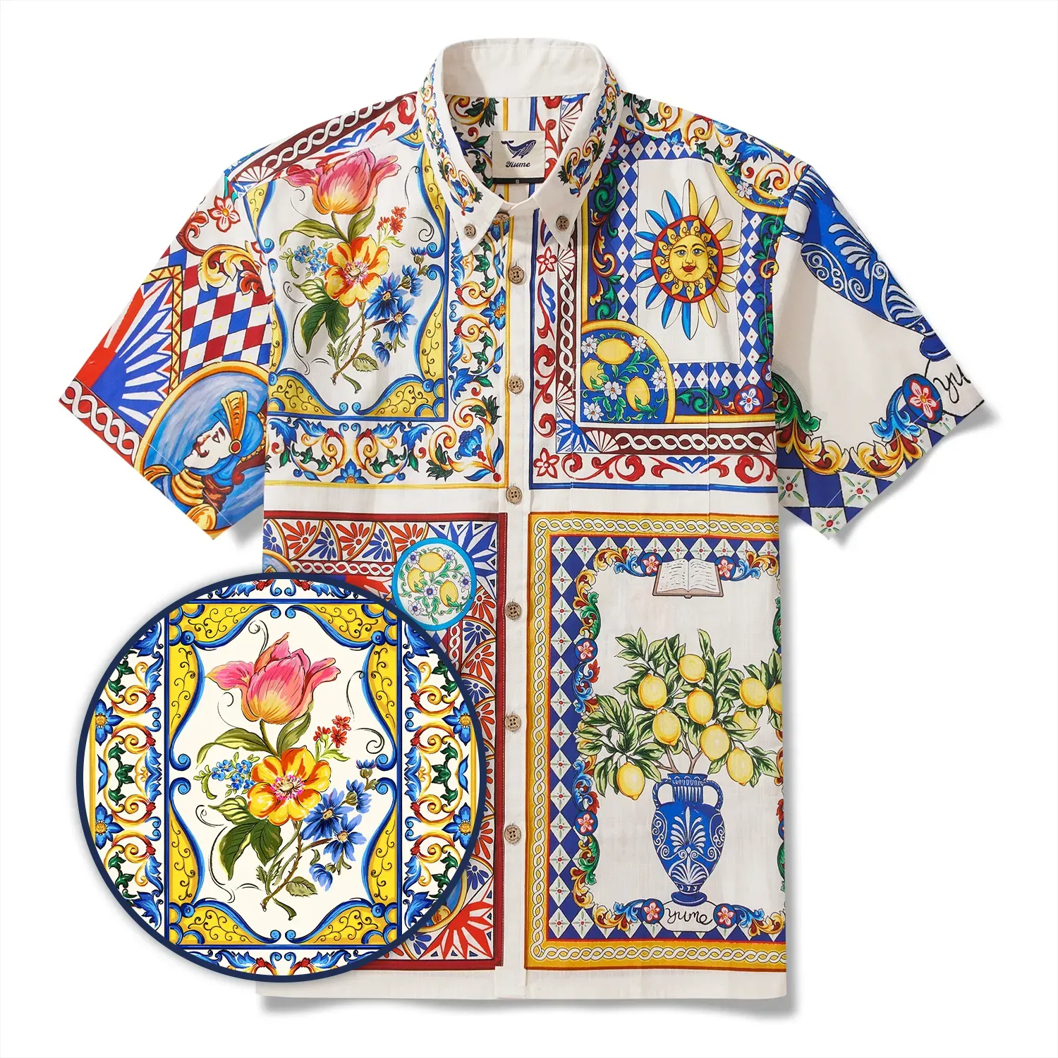 Men's Hawaiian Shirt Short Sleeve Button-down 100% Cotton Blue Flower Aloha Lemon Sicily Venice