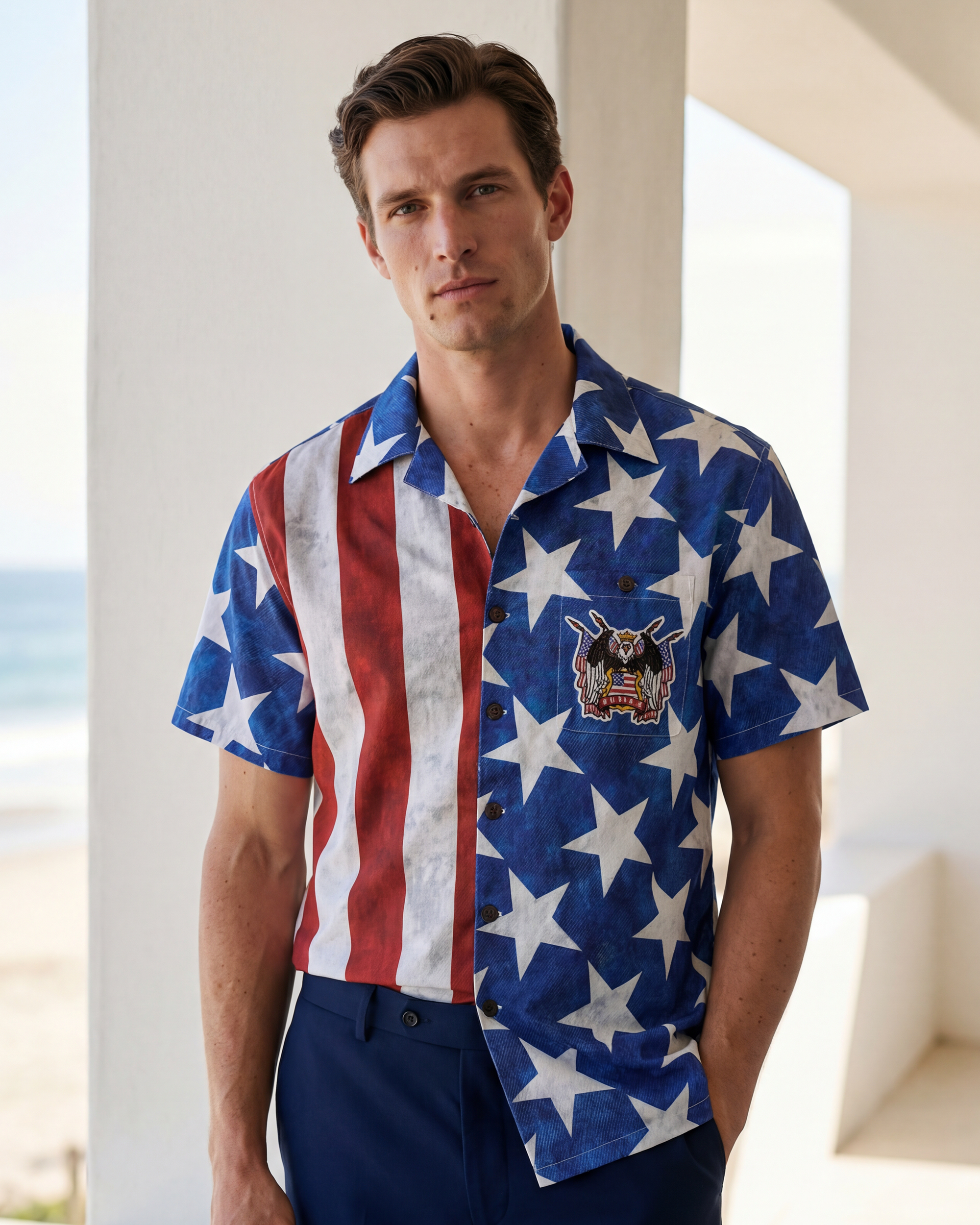 Men's Hawaiian Shirt Short Sleeve Camp Collar 100% Cotton Blue Aloha Patriot's Honor