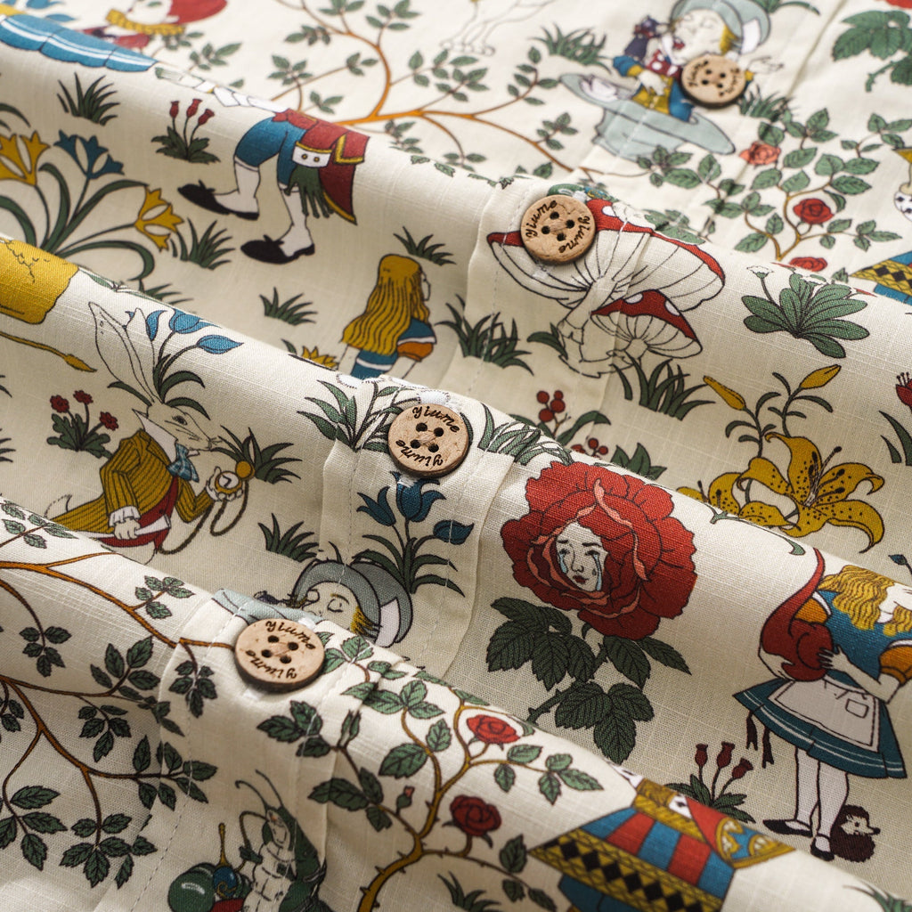 Men's Hawaiian Shirt Short Sleeve Button-down 100% Cotton Beige Aloha Alice's Wonderland