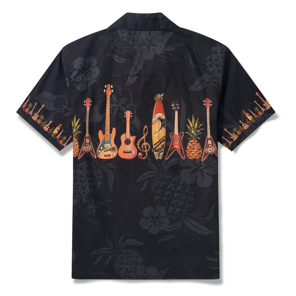 Music Men's Hawaiian Shirt Short Sleeve Camp Collar 100% Cotton Black Aloha Island Serenade