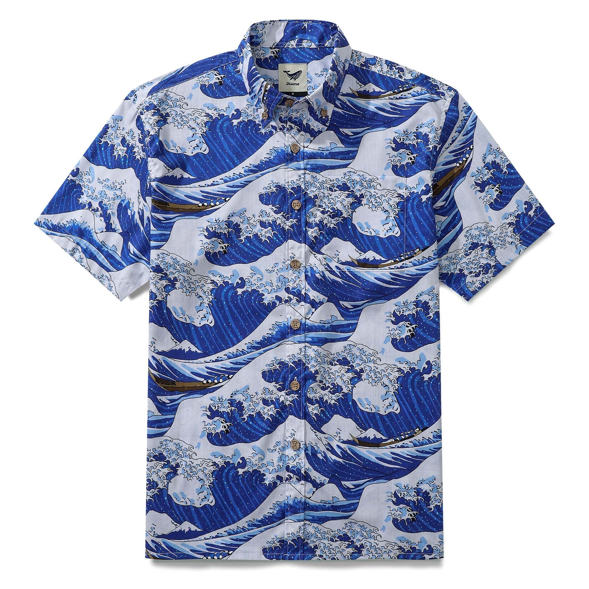 Mens Great Wave Shirt Blue Hawaiian Shirt Short Sleeve Button-down 100% Cotton Japanese Ukiyo-e Shirt