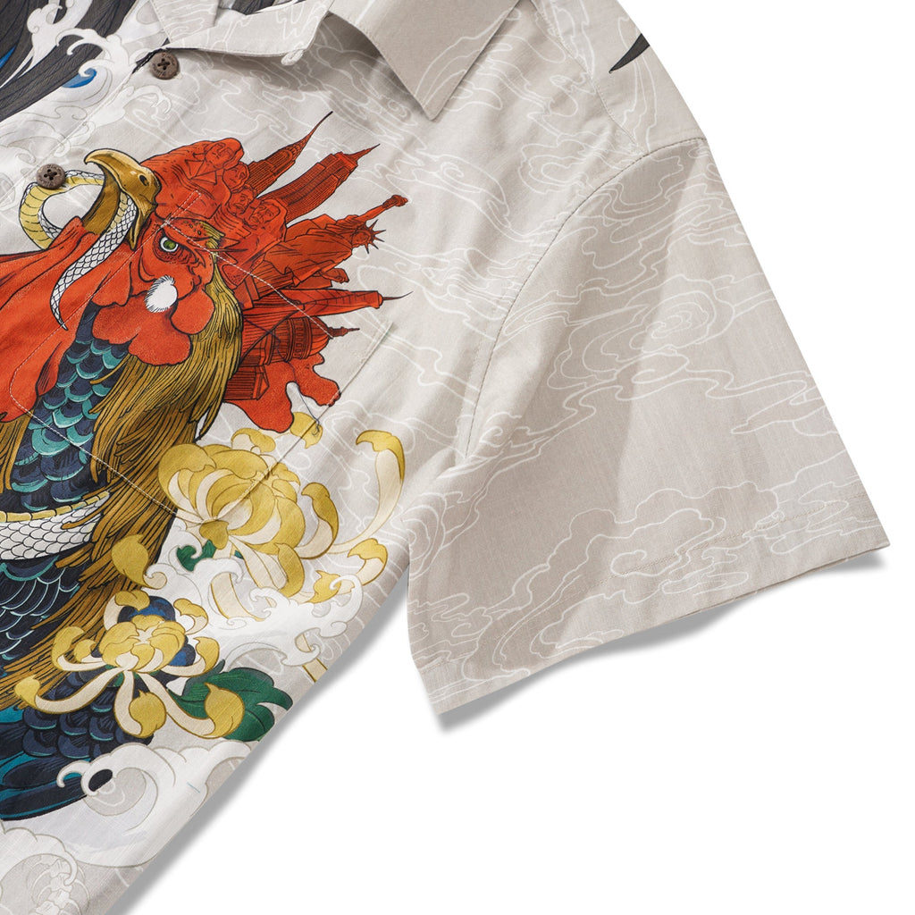 Men's Hawaiian Shirt 100% Cotton Short Sleeve Camp Collar Shirt Rooster and Japanese ukiyo-e Shirt