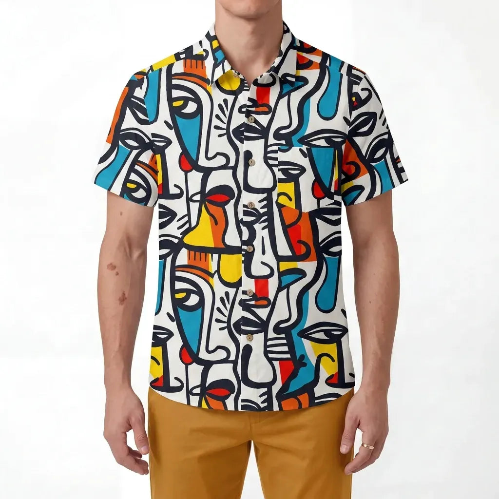 LeosWare® Men's Hawaiian Shirt Short Sleeve Button-up 100% Cotton Aloha Face Paint Palette