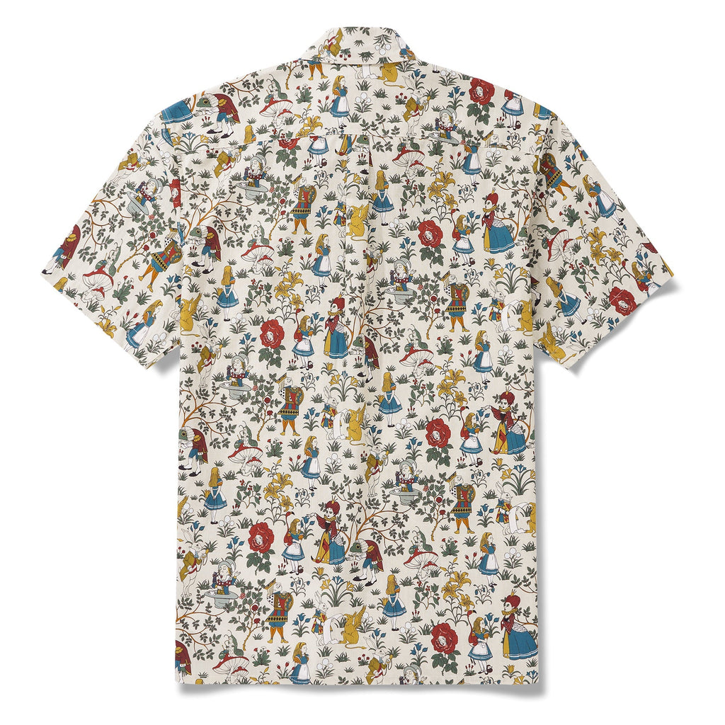 Men's Hawaiian Shirt Short Sleeve Button-down 100% Cotton Beige Aloha Alice's Wonderland