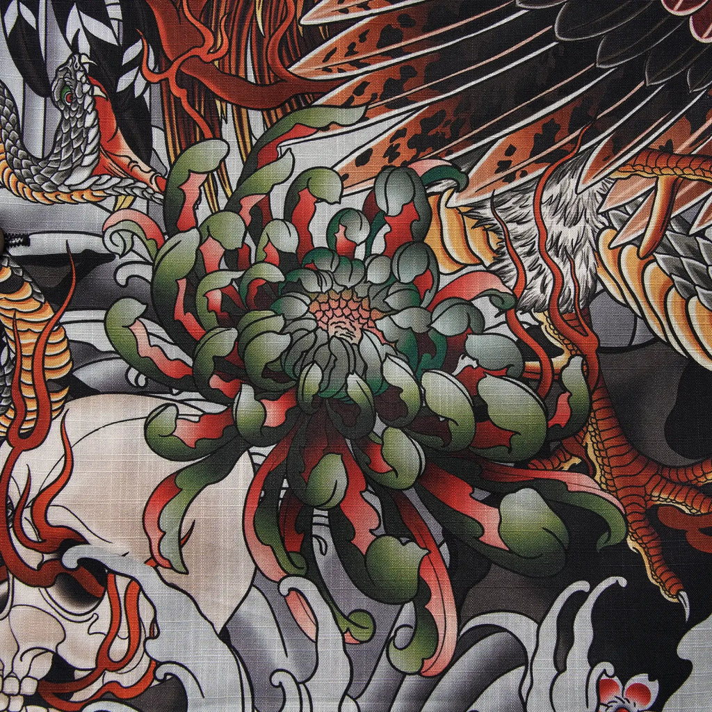 Men's Hawaiian Shirt Short Sleeve Camp Collar 100% Cotton Black Kitsune Mask And Rooster Aloha The Edo Mythos
