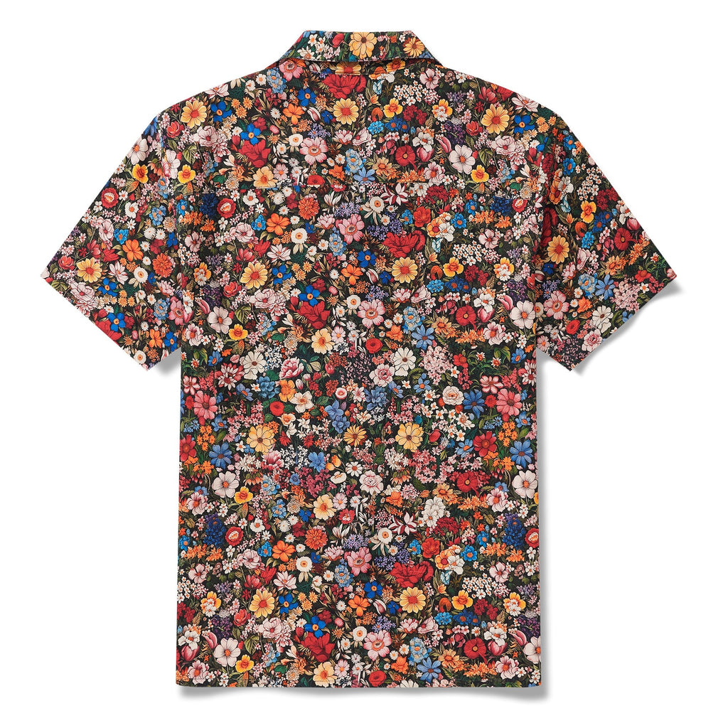 100% Silk Men's Hawaiian Shirt Short Sleeve Camp Collar 100% Silk Blue Aloha Among The Flowers
