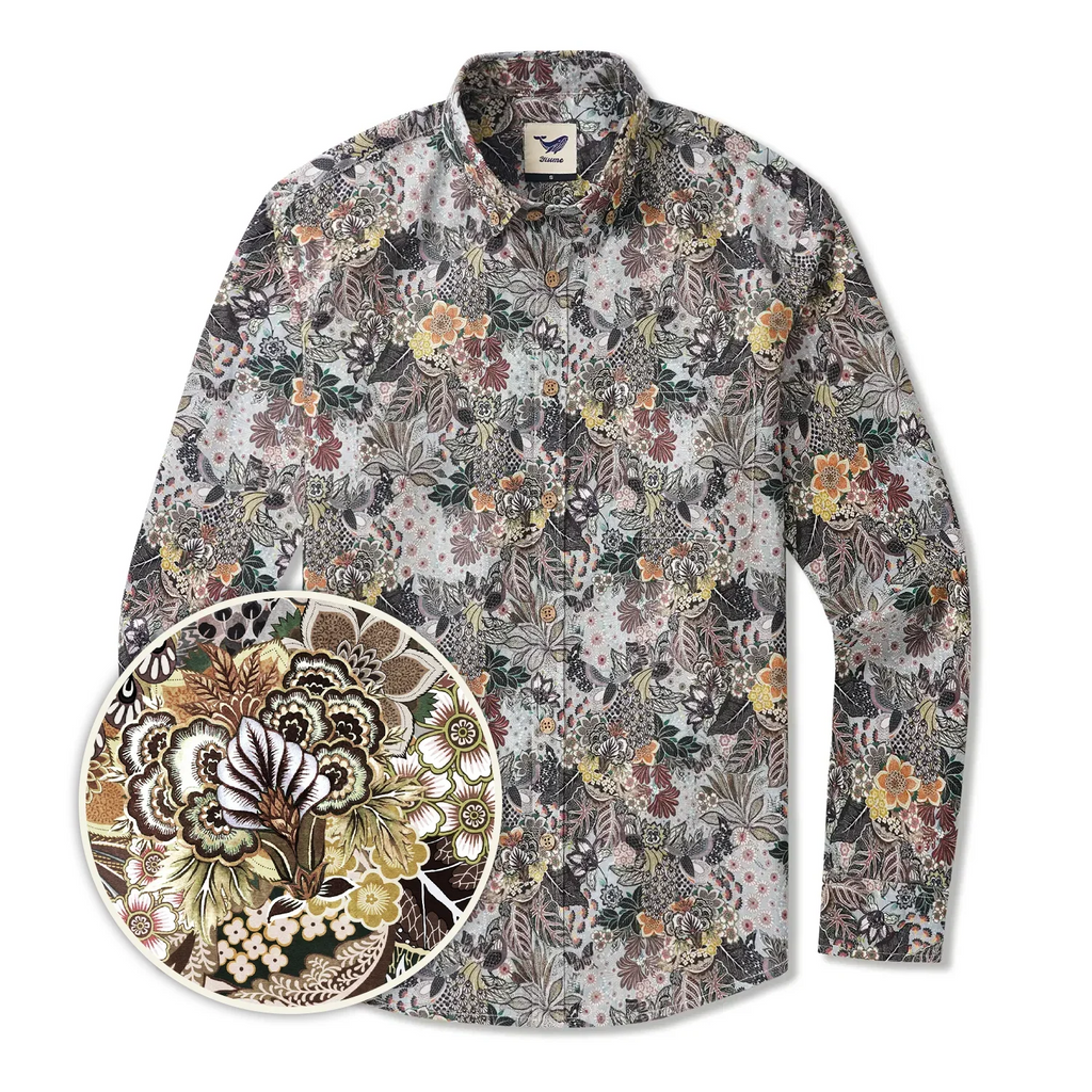 Men's Hawaiian Shirt Long Sleeve Button-down 100% Cotton Brown Aloha Retro Gentleman Art