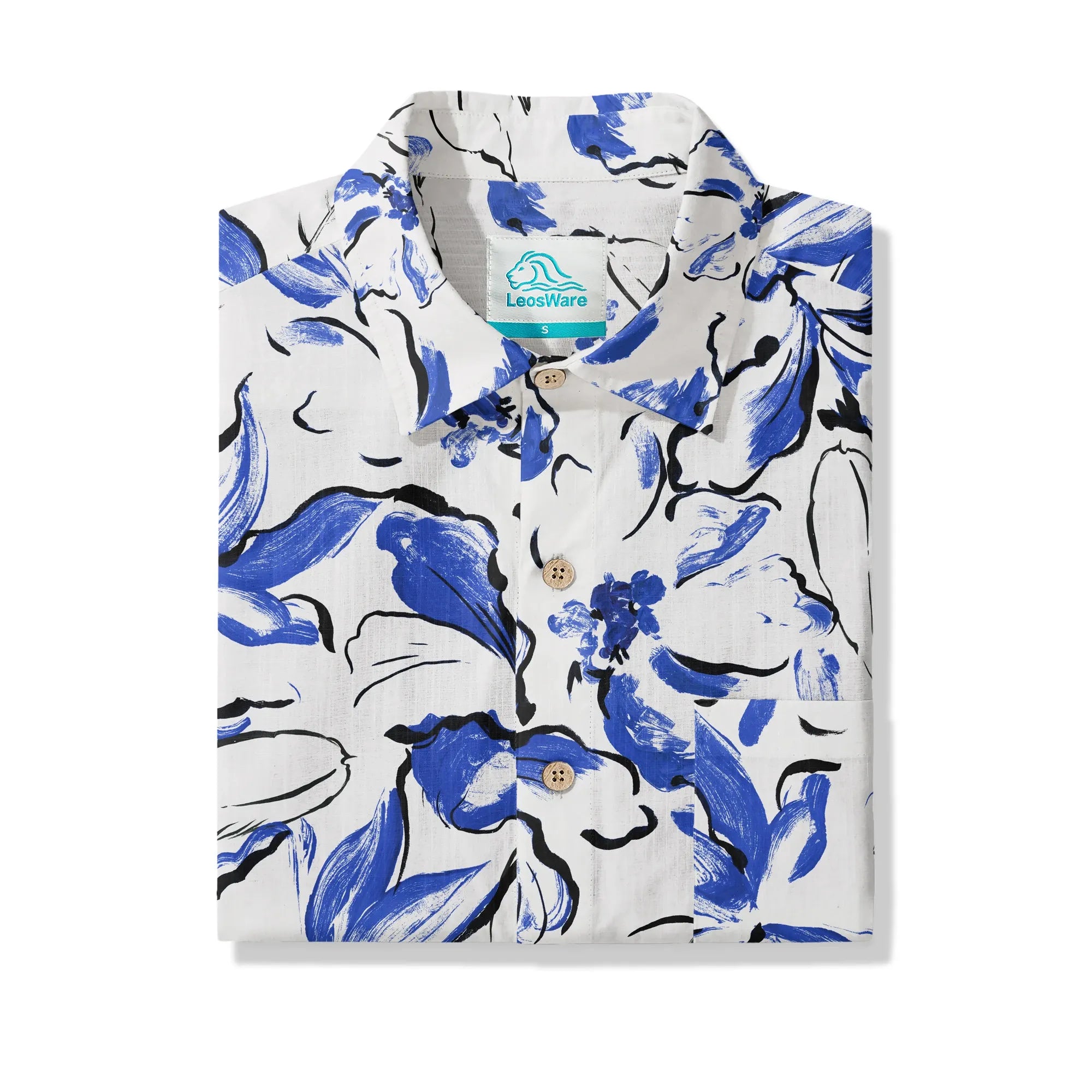 LeosWare® Men's Hawaiian Shirt Short Sleeve Button-up 100% Cotton Blue Aloha Indigo Blossoms Brushstroke