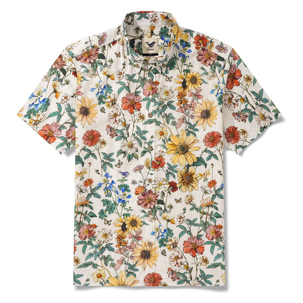 Men's Hawaiian Shirt Short Sleeve Button-down 100% Cotton Beige Aloha Floral Reverie