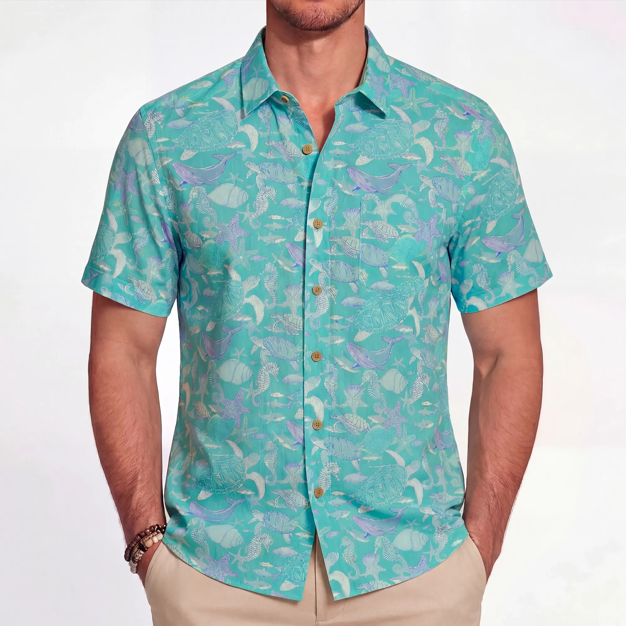 LeosWare® Men's Hawaiian Shirt Short Sleeve Button-up 100% Cotton Blue Aloha Azure Islet Sea Turtle