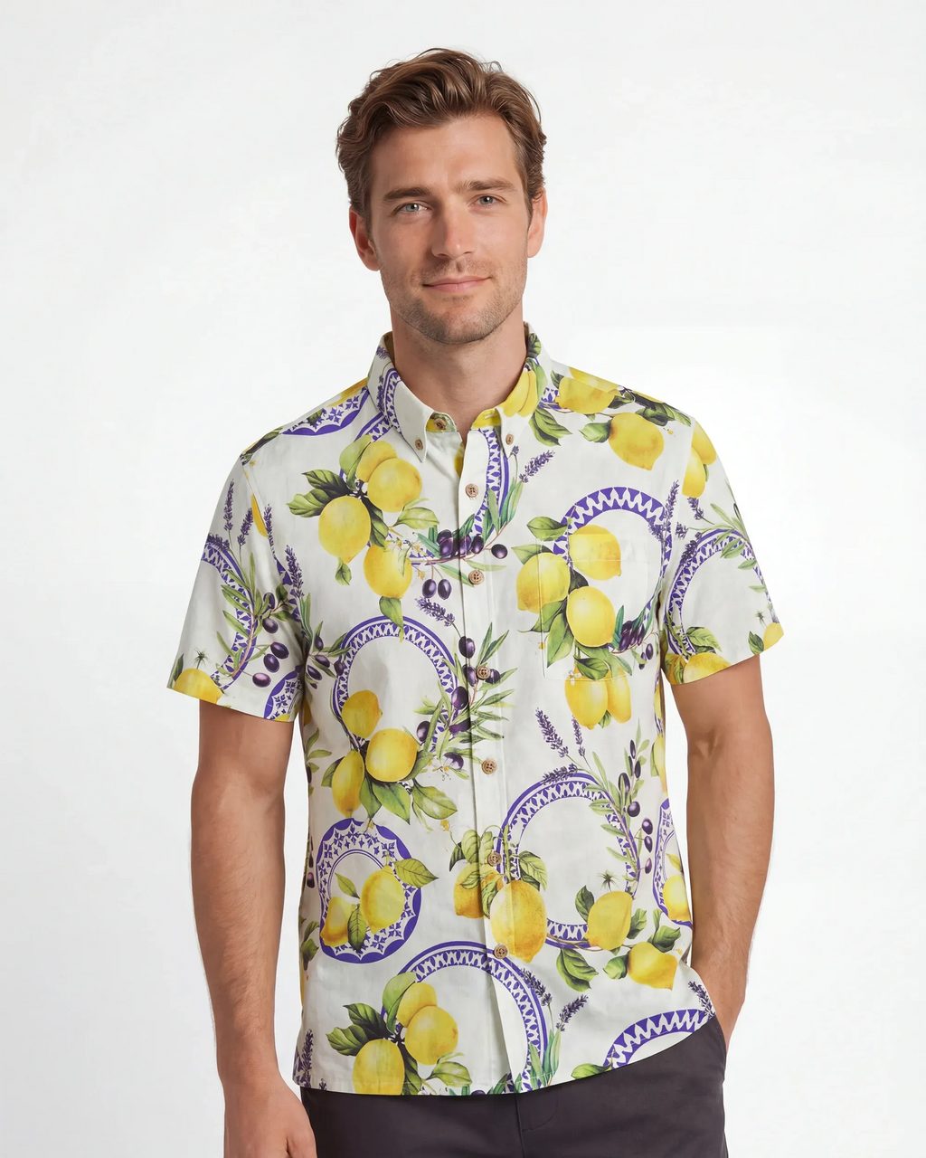 Men's Hawaiian Shirt Short Sleeve Button-down 100% Cotton Yellow Aloha Lemon, Olive, And Lavender Harmony Symphony